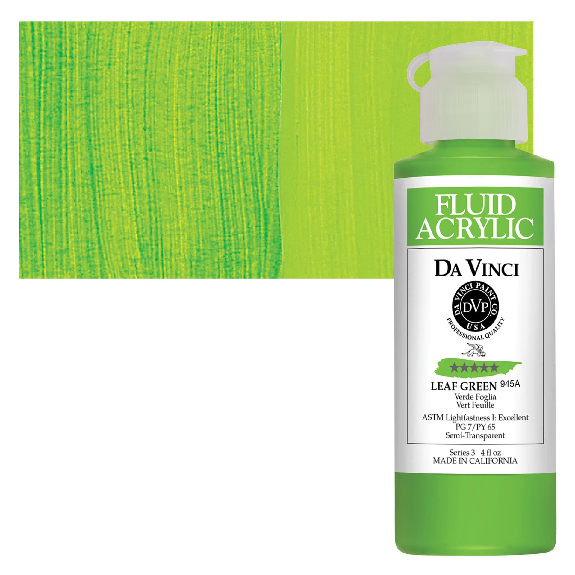 Da Vinci Fluid Acrylic Paint - Leaf Green, 4 oz bottle and swatch