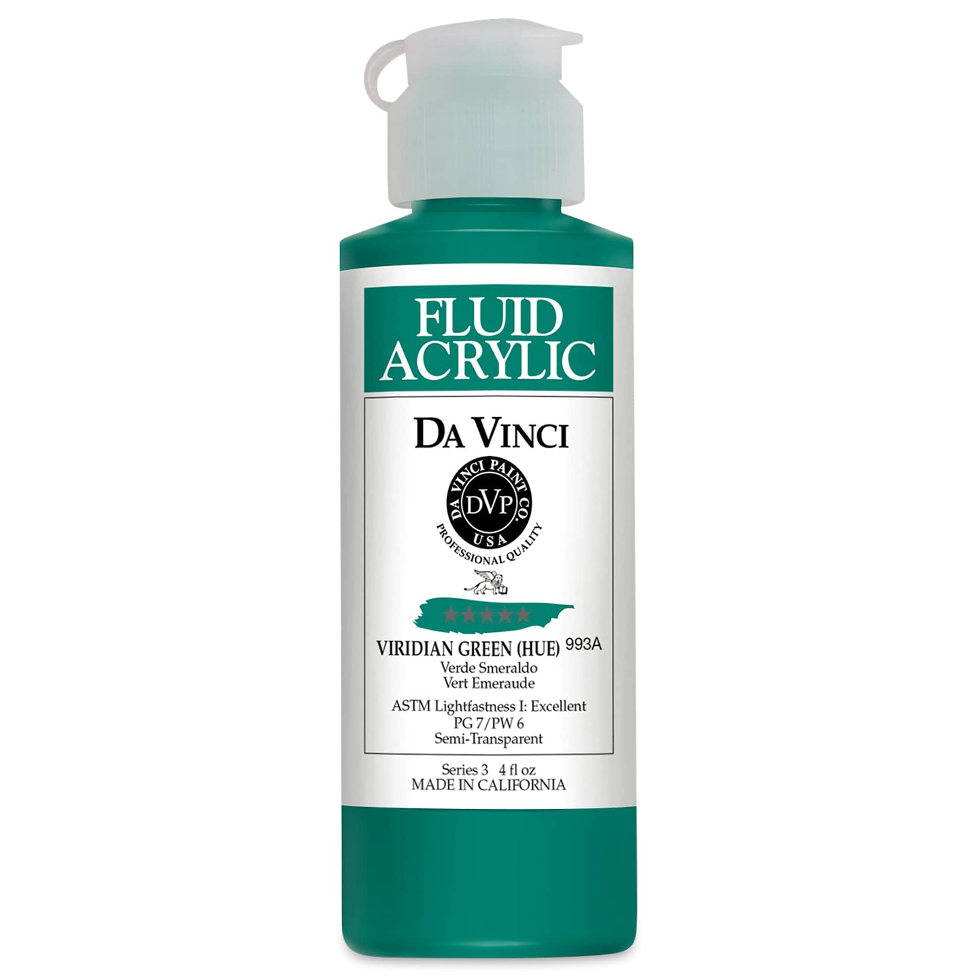 Da Vinci Fluid Acrylics - Viridian Green Hue, 4 oz bottle