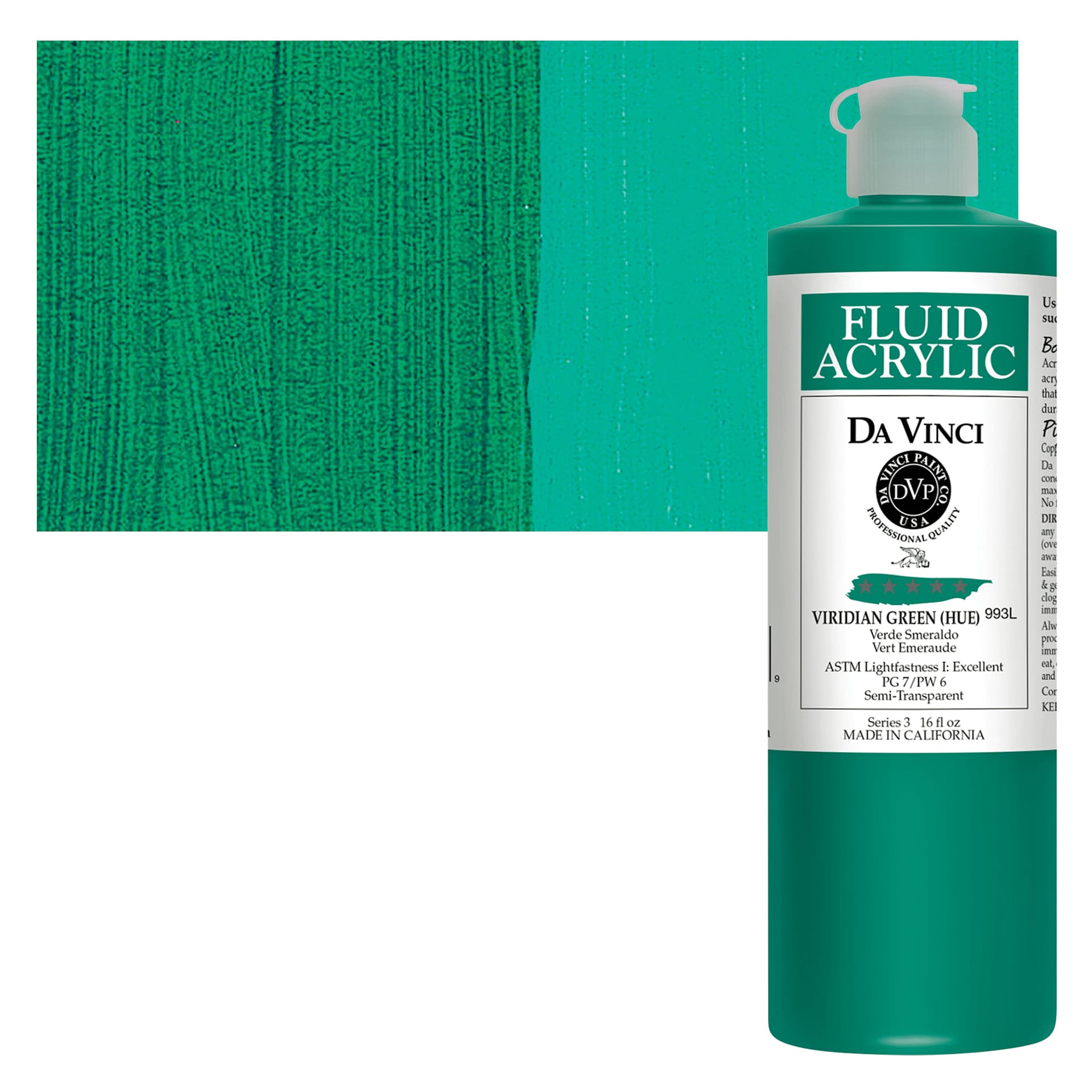 Da Vinci Fluid Acrylic Paint - Viridian Green Hue, 16 oz bottle and swatch