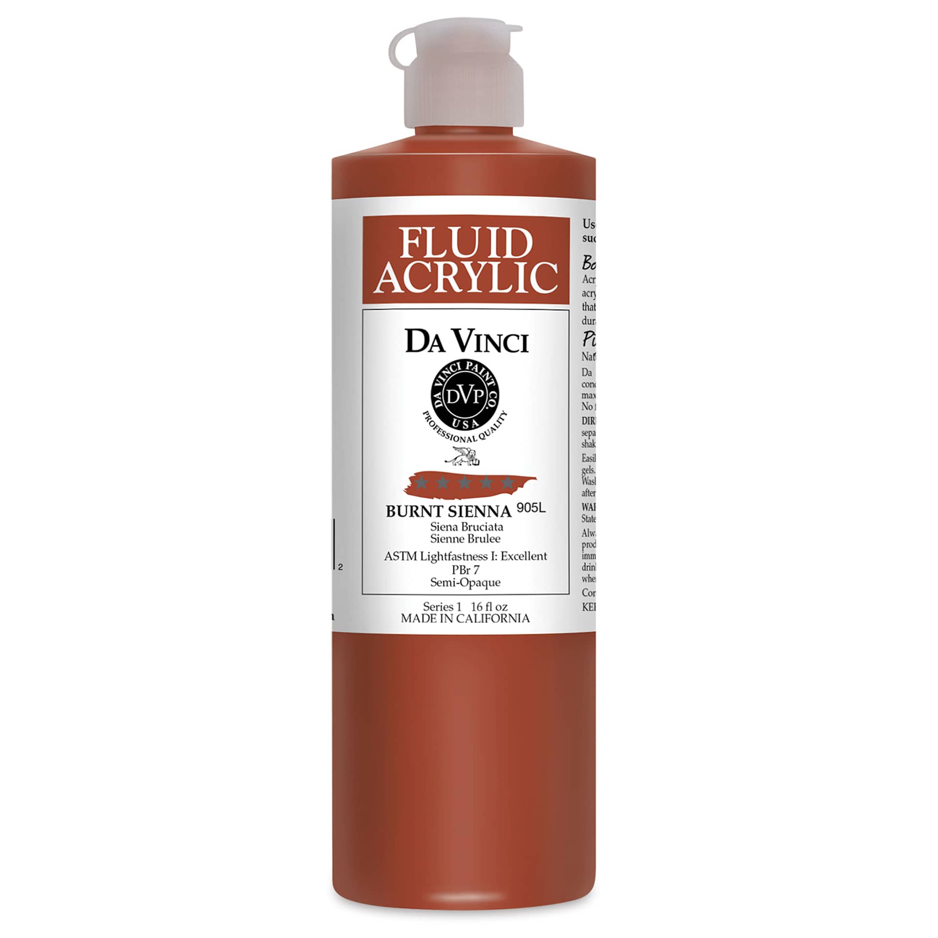 Da Vinci Fluid Acrylics - Burnt Sienna, 16 oz bottle