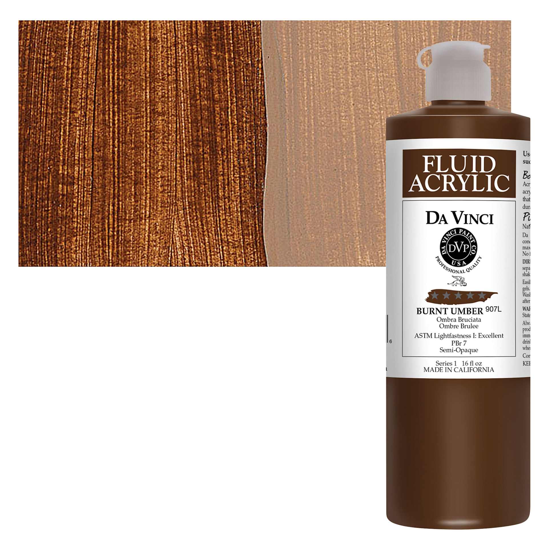 Da Vinci Fluid Acrylic Paint - Burnt Umber, 16 oz bottle and swatch