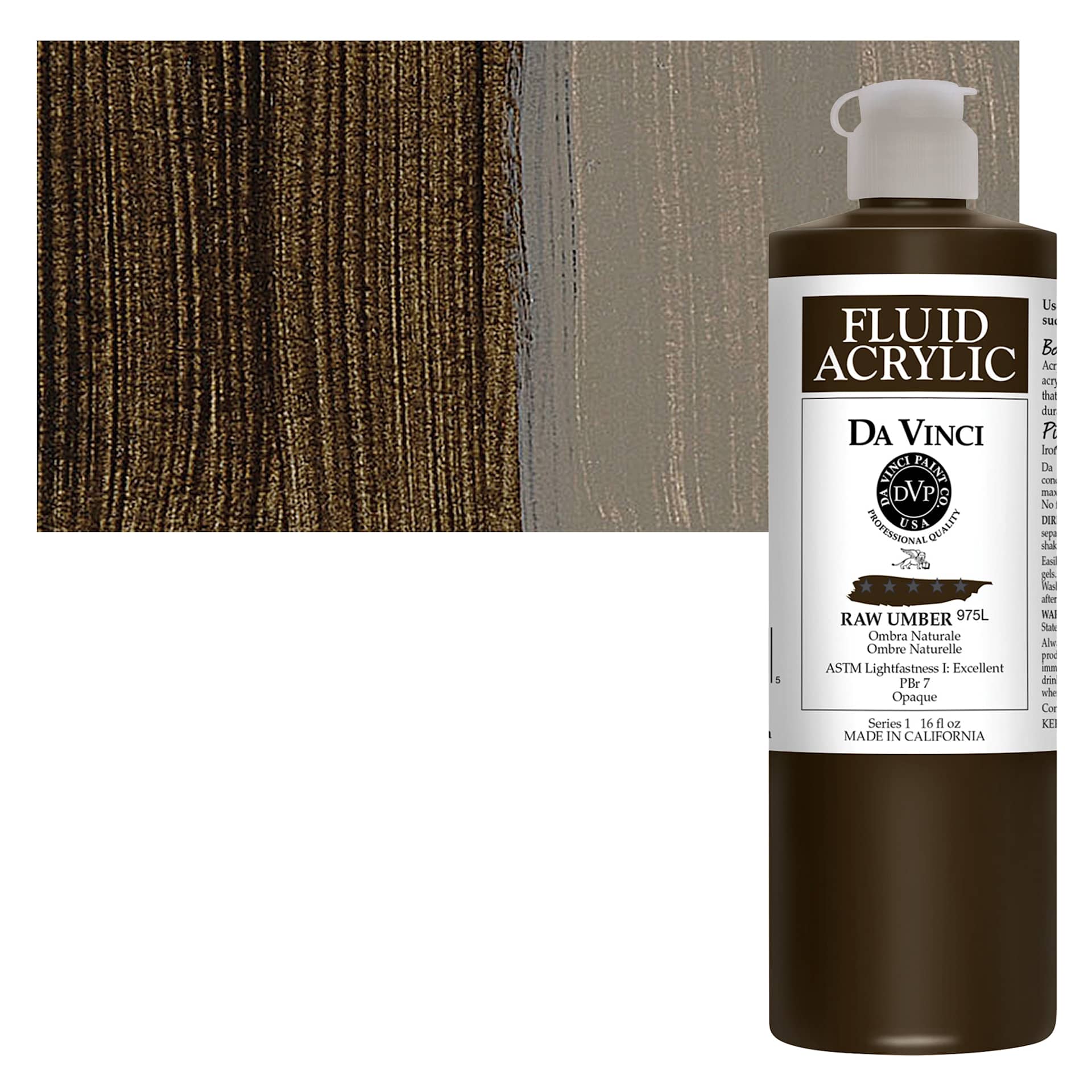 Da Vinci Fluid Acrylic Paint - Raw Umber, 16 oz bottle and swatch