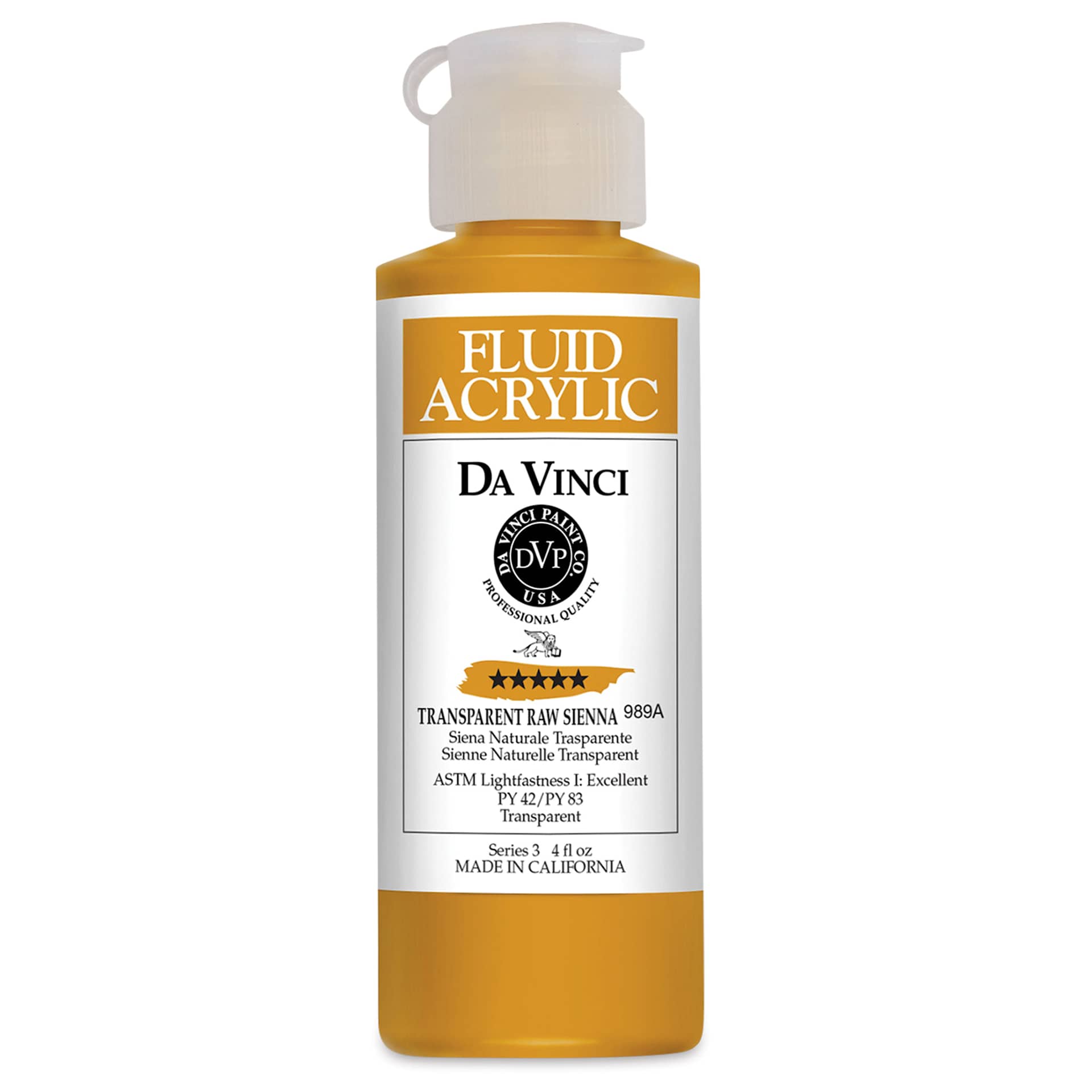 Da Vinci Fluid Acrylics - Transparent Raw Sienna, 4 oz bottle
