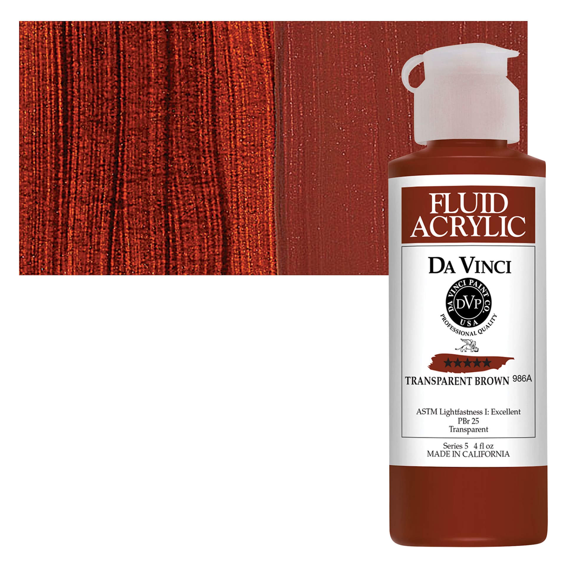 Da Vinci Fluid Acrylic Paint - Transparent Brown, 4 oz bottle and swatch