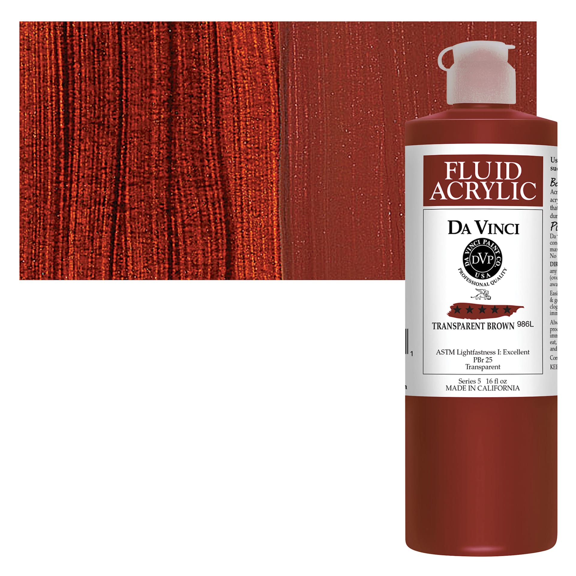 Da Vinci Fluid Acrylic Paint - Transparent Brown, 16 oz bottle and swatch