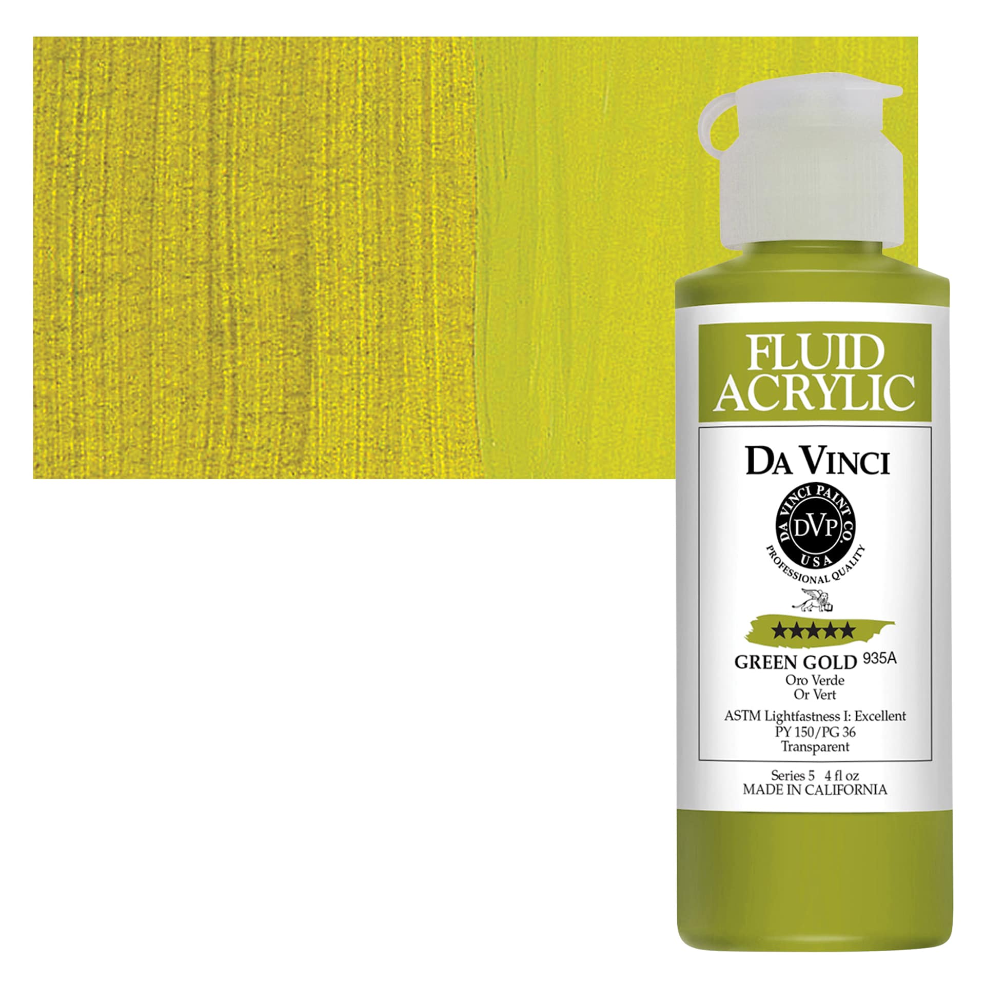 Da Vinci Fluid Acrylic Paint - Green Gold, 4 oz bottle and swatch