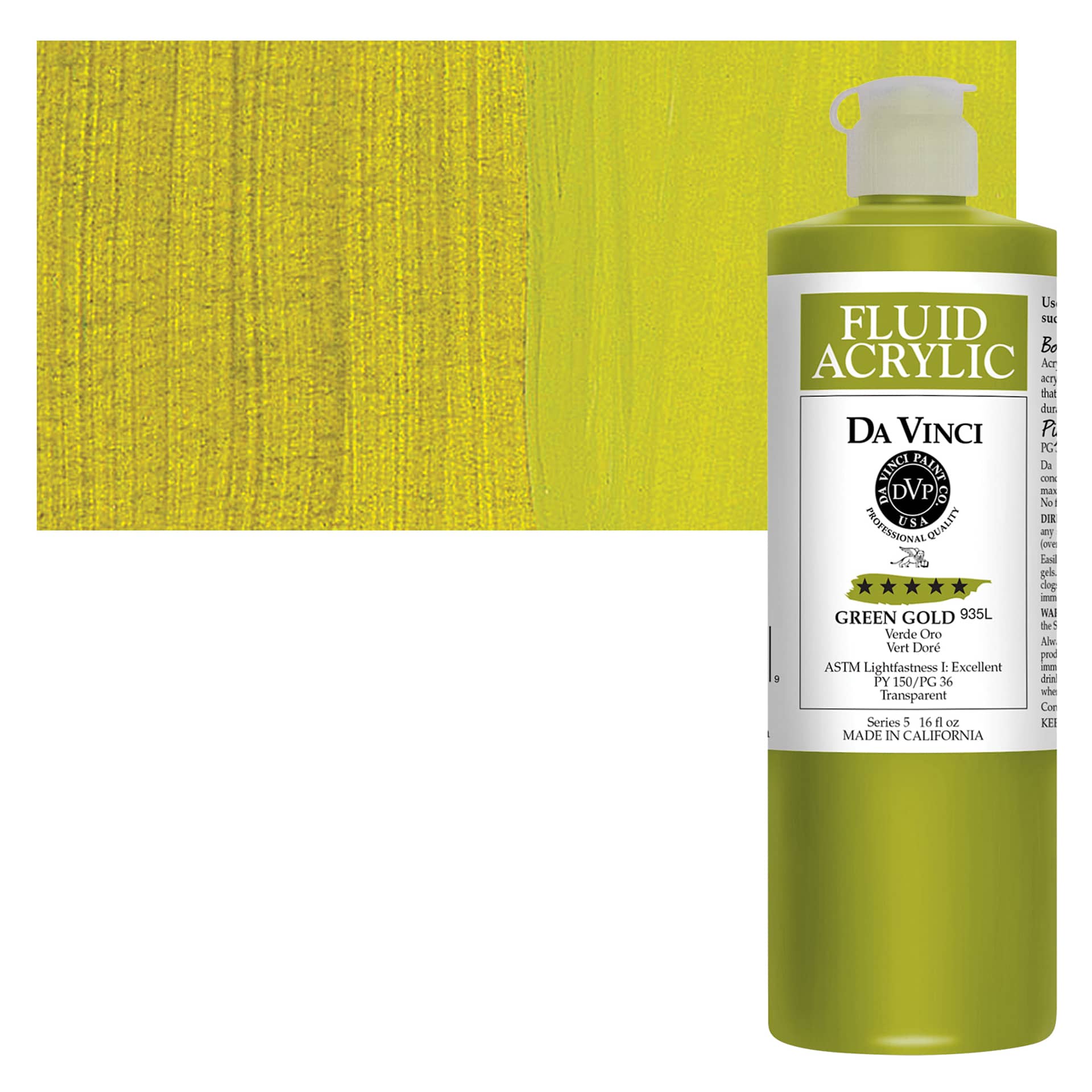Da Vinci Fluid Acrylic Paint - Green Gold, 16 oz bottle and swatch
