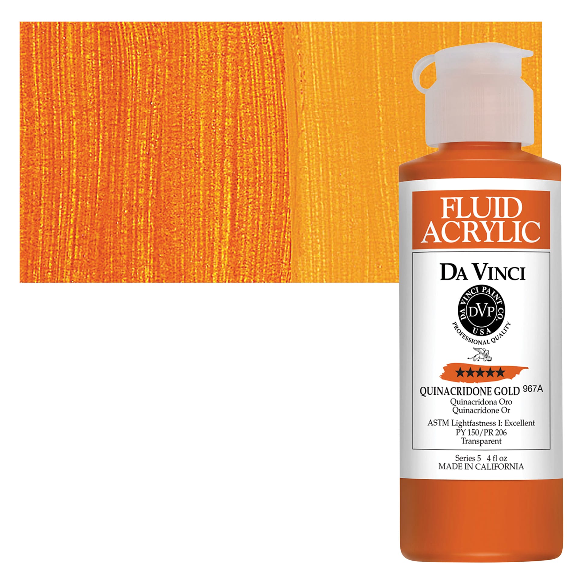 Da Vinci Fluid Acrylic Paint - Quinacridone Gold, 4 oz bottle and swatch