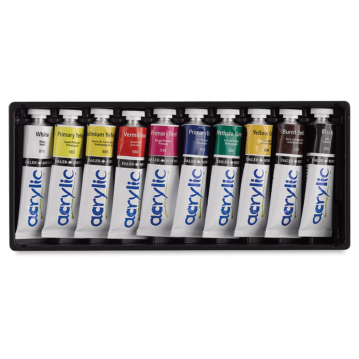Daler-Rowney Graduate Acrylics - Introductory Set, Set of 10 colors, 38 ml tubes showing tubes