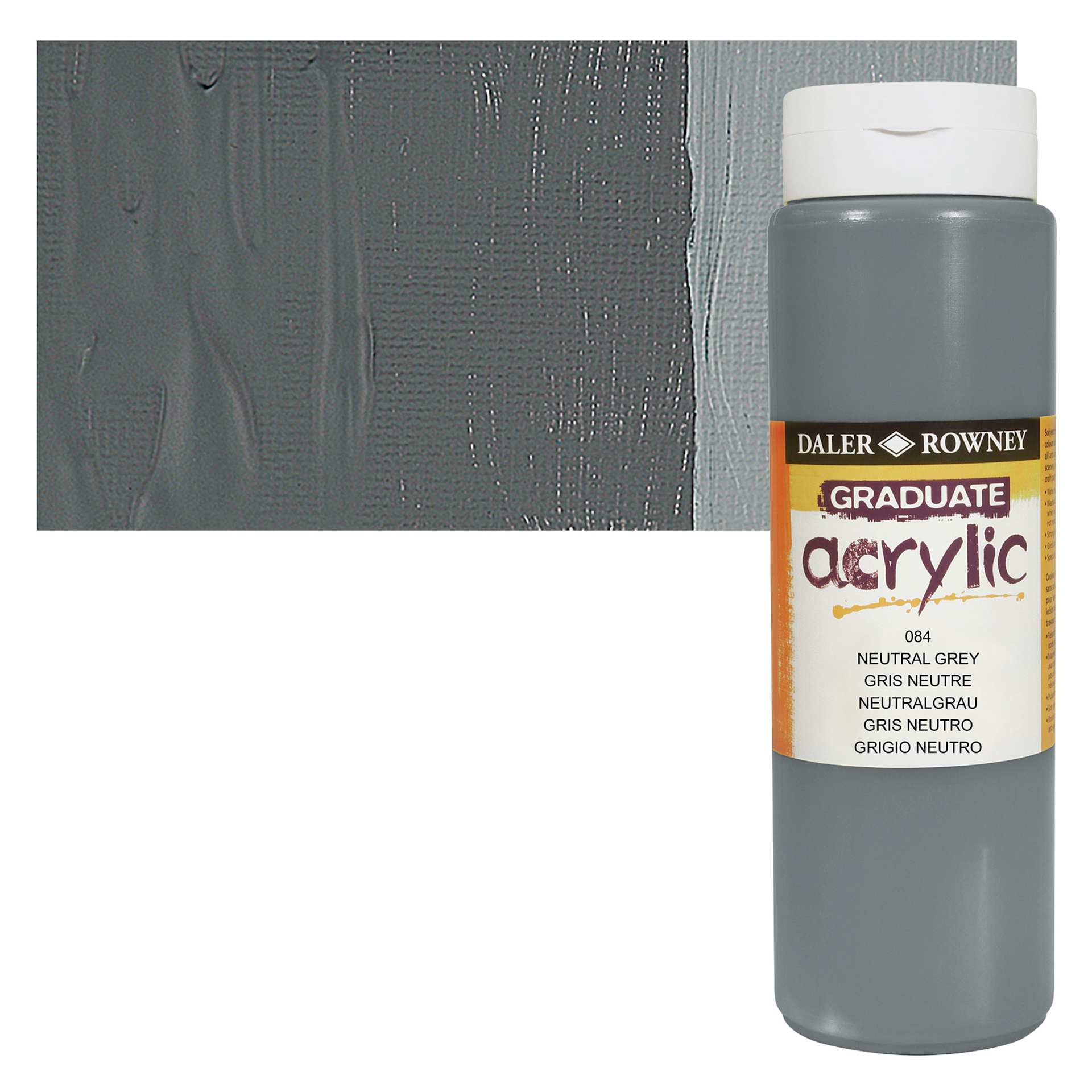 Daler-Rowney Graduate Acrylic Paint - Neutral Gray, 500 ml bottle and swatch