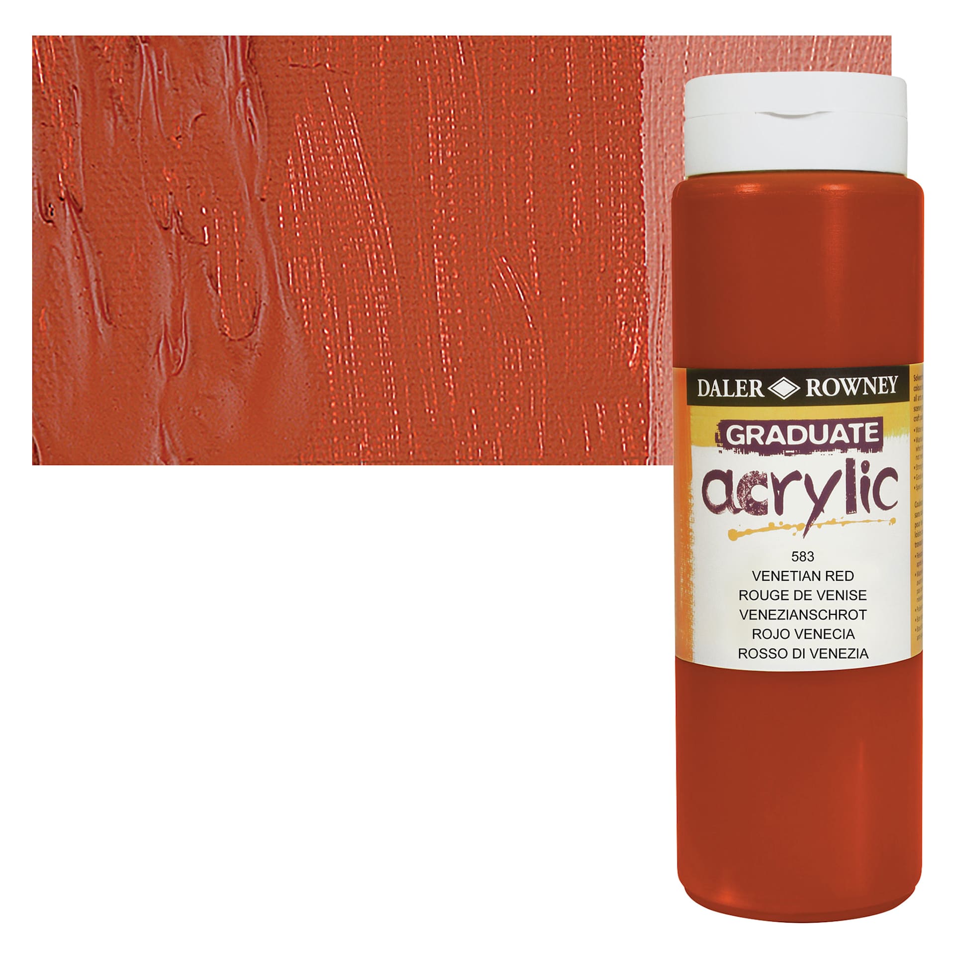 Daler-Rowney Graduate Acrylic Paint - Venetian Red, 500 ml bottle and swatch