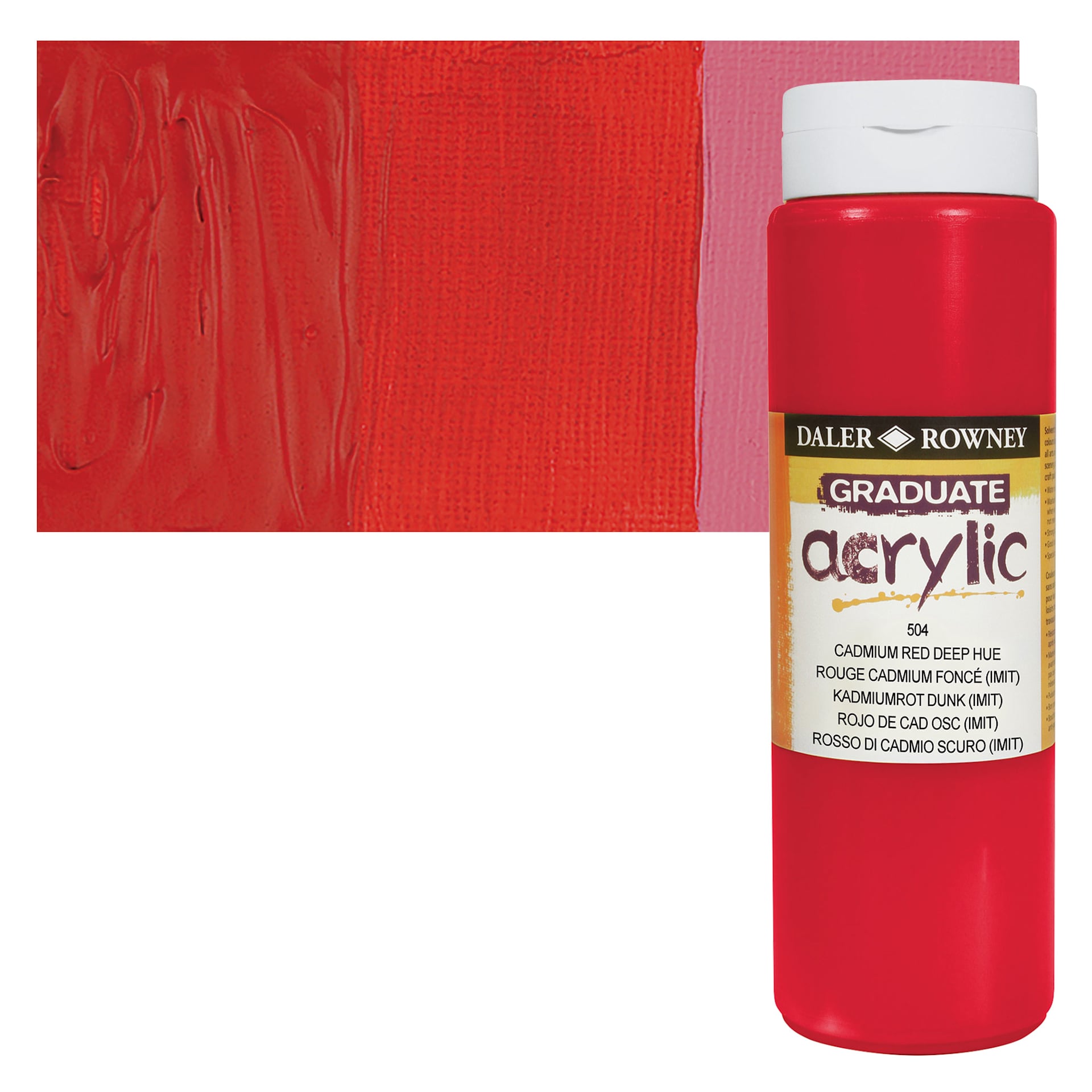 Daler-Rowney Graduate Acrylic Paint - Cadmium Red Deep Hue, 500 ml bottle and swatch