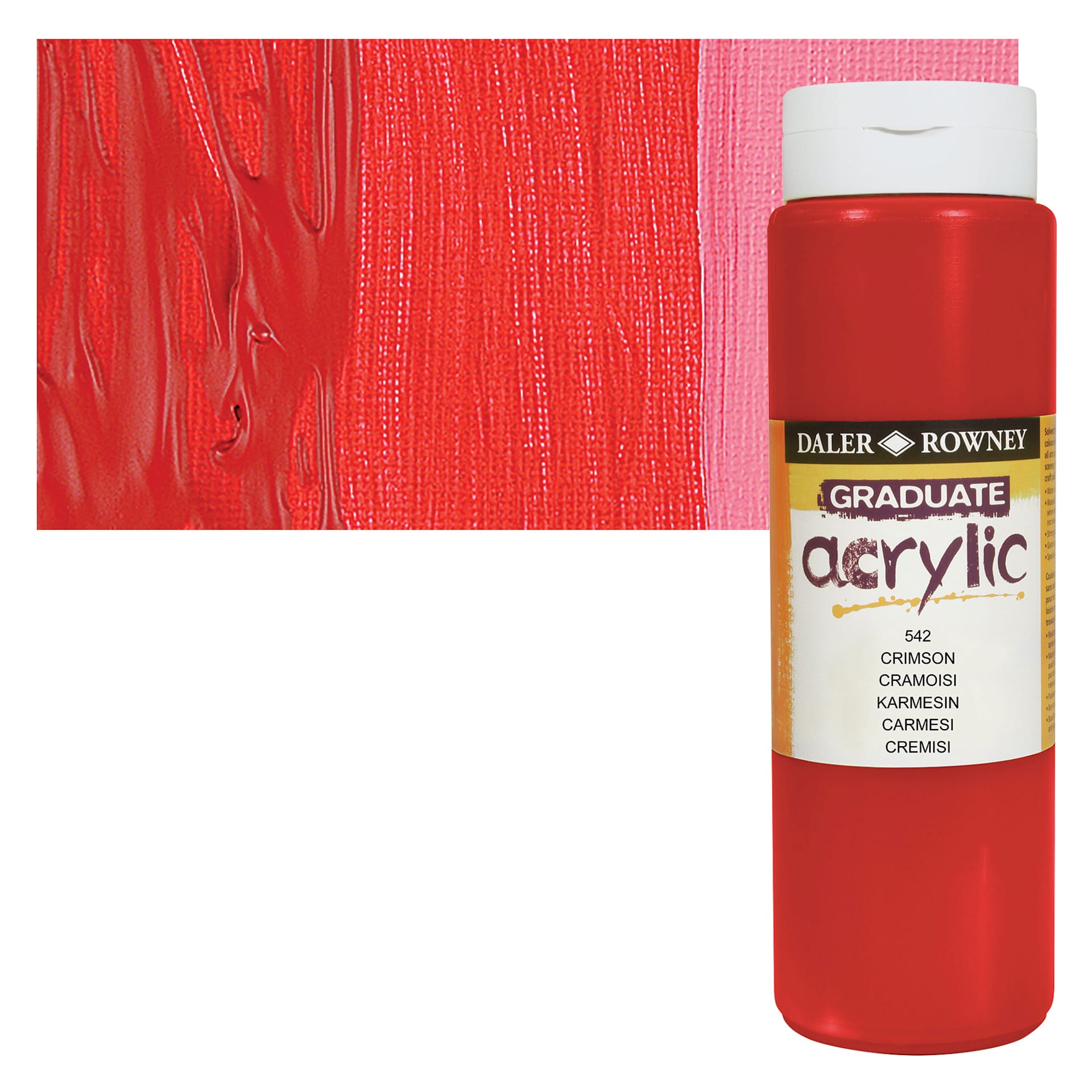 Daler-Rowney Graduate Acrylic Paint - Crimson, 500 ml bottle and swatch