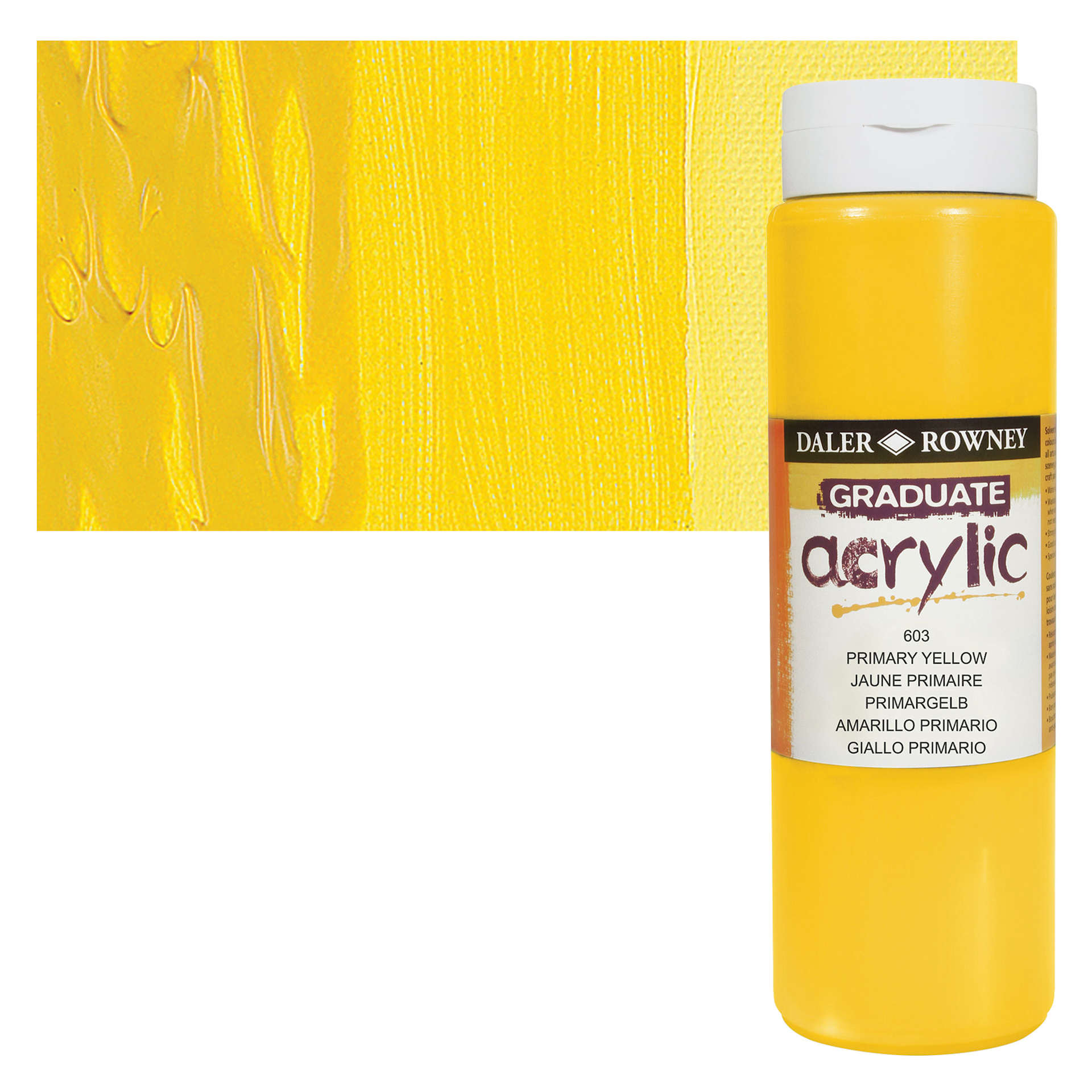 Daler-Rowney Graduate Acrylic Paint - Primary Yellow, 500 ml bottle and swatch