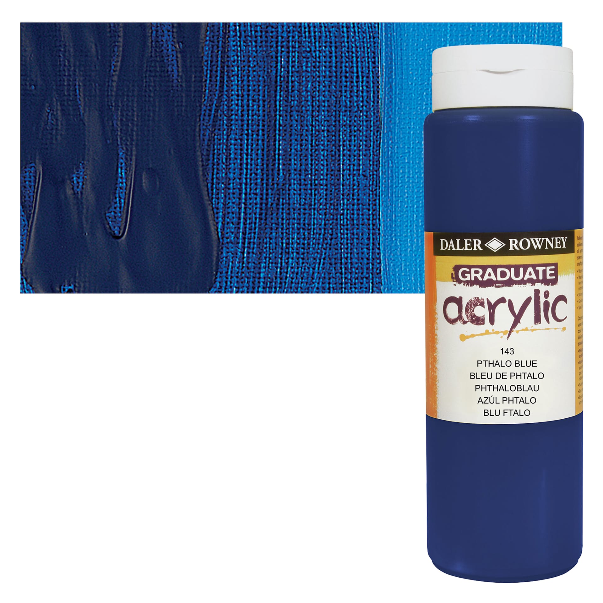 Daler-Rowney Graduate Acrylic Paint - Phthalo Blue, 500 ml bottle and swatch