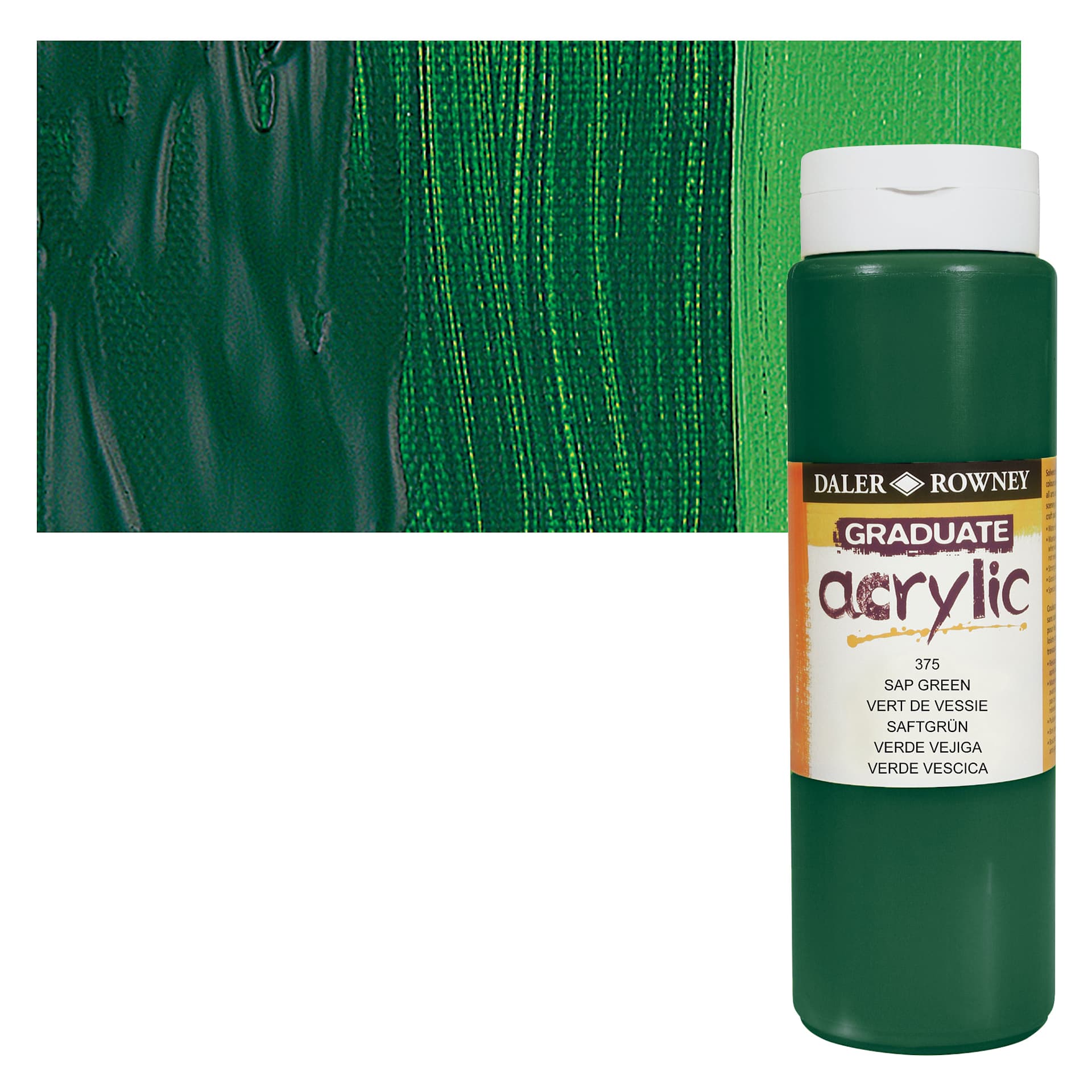 Daler-Rowney Graduate Acrylic Paint - Sap Green, 500 ml bottle and swatch
