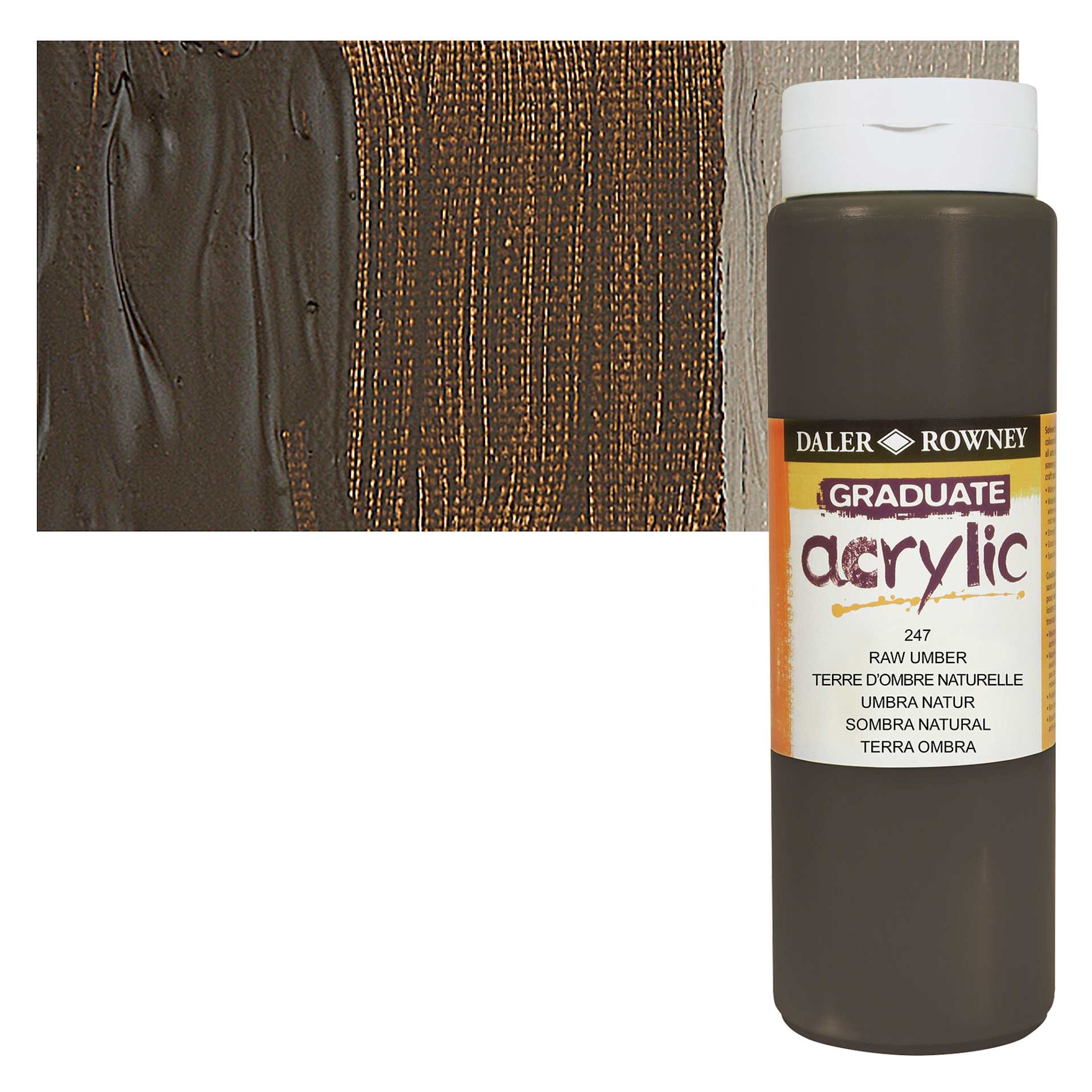 Daler-Rowney Graduate Acrylic Paint - Raw Umber, 500 ml bottle and swatch