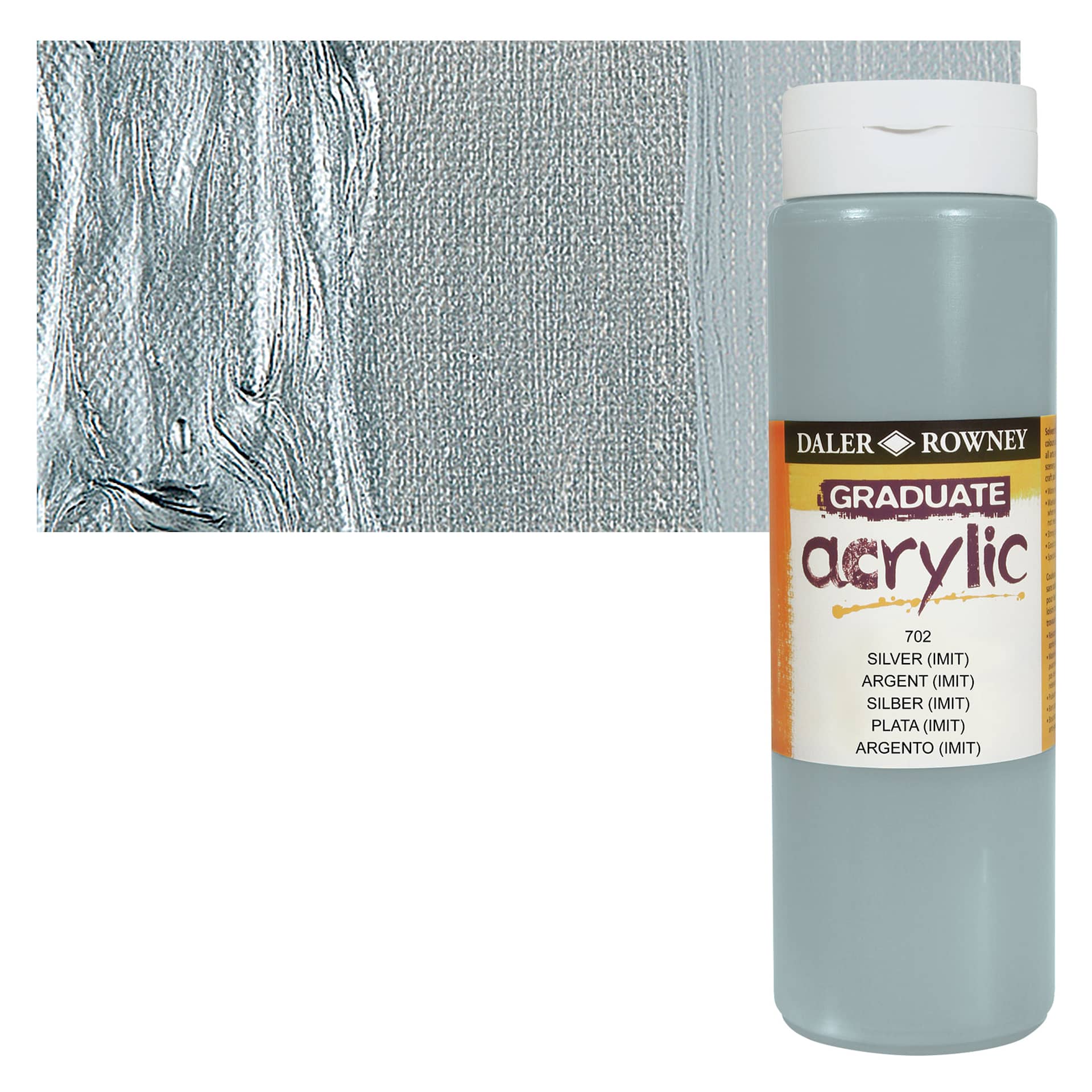 Daler-Rowney Graduate Acrylic Paint - Silver Imitation, 500 ml bottle and swatch