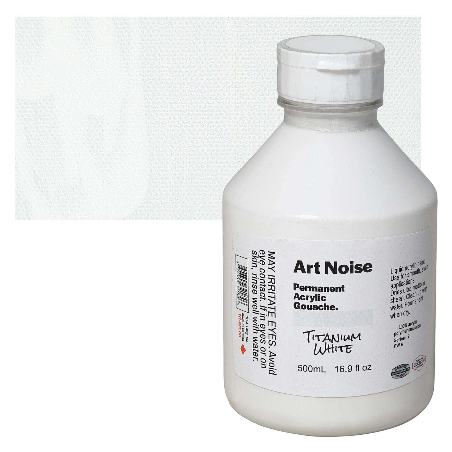 Tri-Art Art Noise Permanent Acrylic Gouache - Titanium White, 500 ml, Bottle and swatch