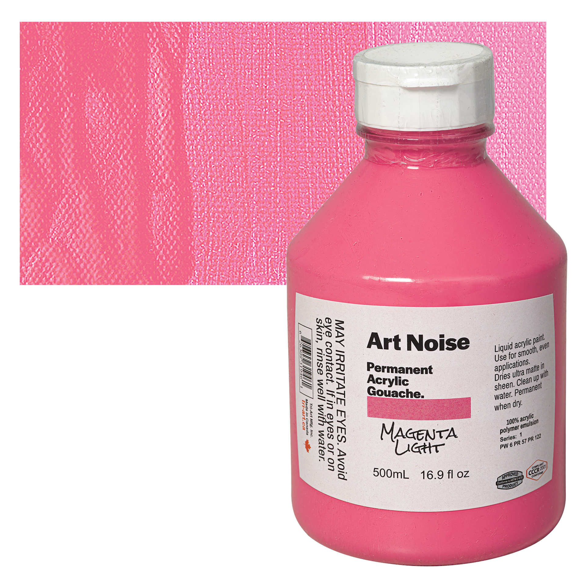 Tri-Art Art Noise Permanent Acrylic Gouache - Magenta Light, 500 ml, Bottle and swatch