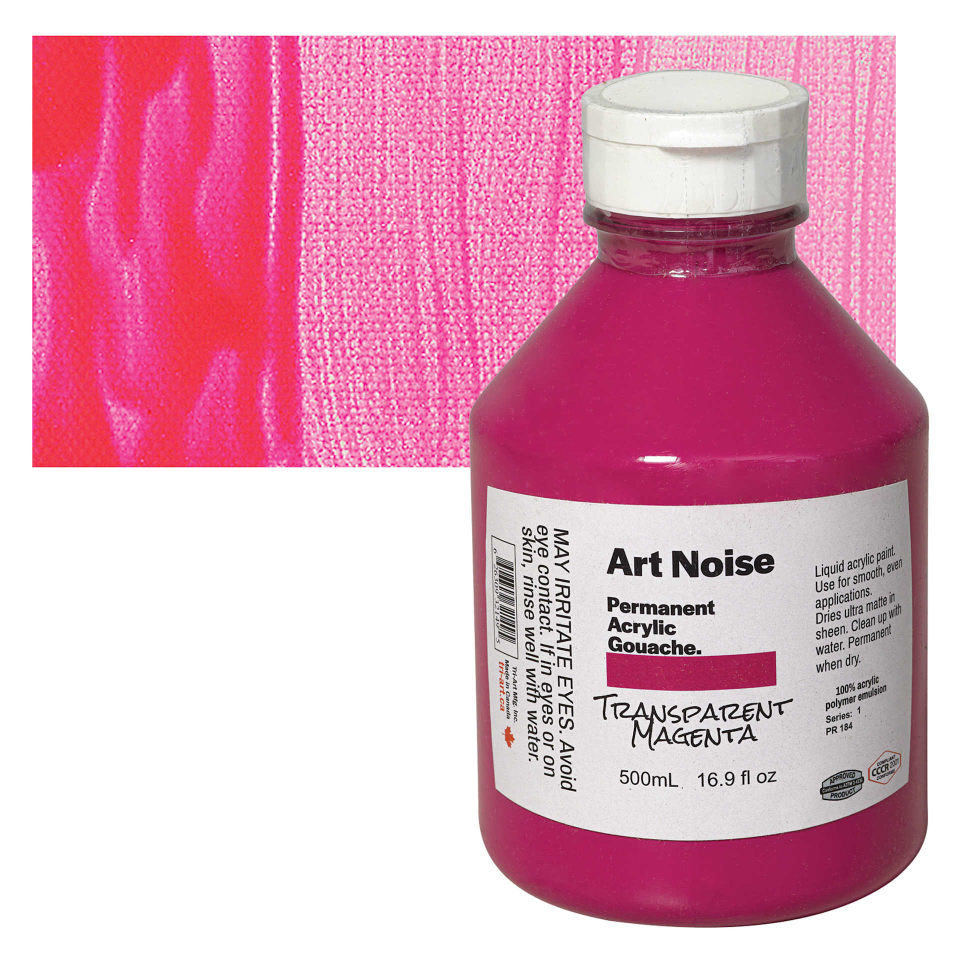 Tri-Art Art Noise Permanent Acrylic Gouache - Transparent Magenta, 500 ml, Bottle and swatch