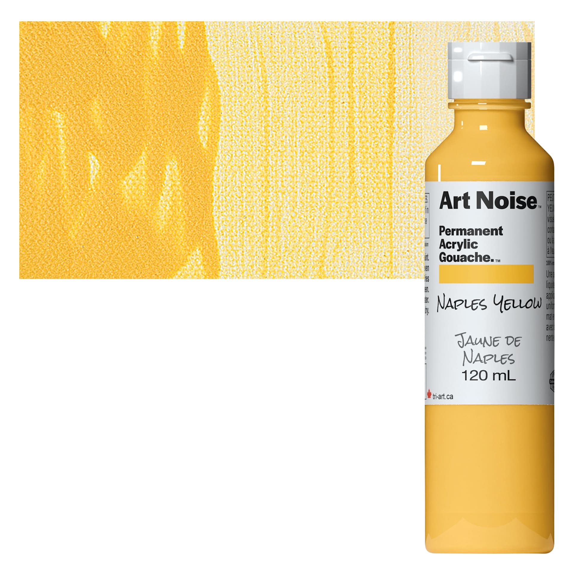 Tri-Art Art Noise Permanent Acrylic Gouache - Naples Yellow, 120 ml, Bottle and swatch