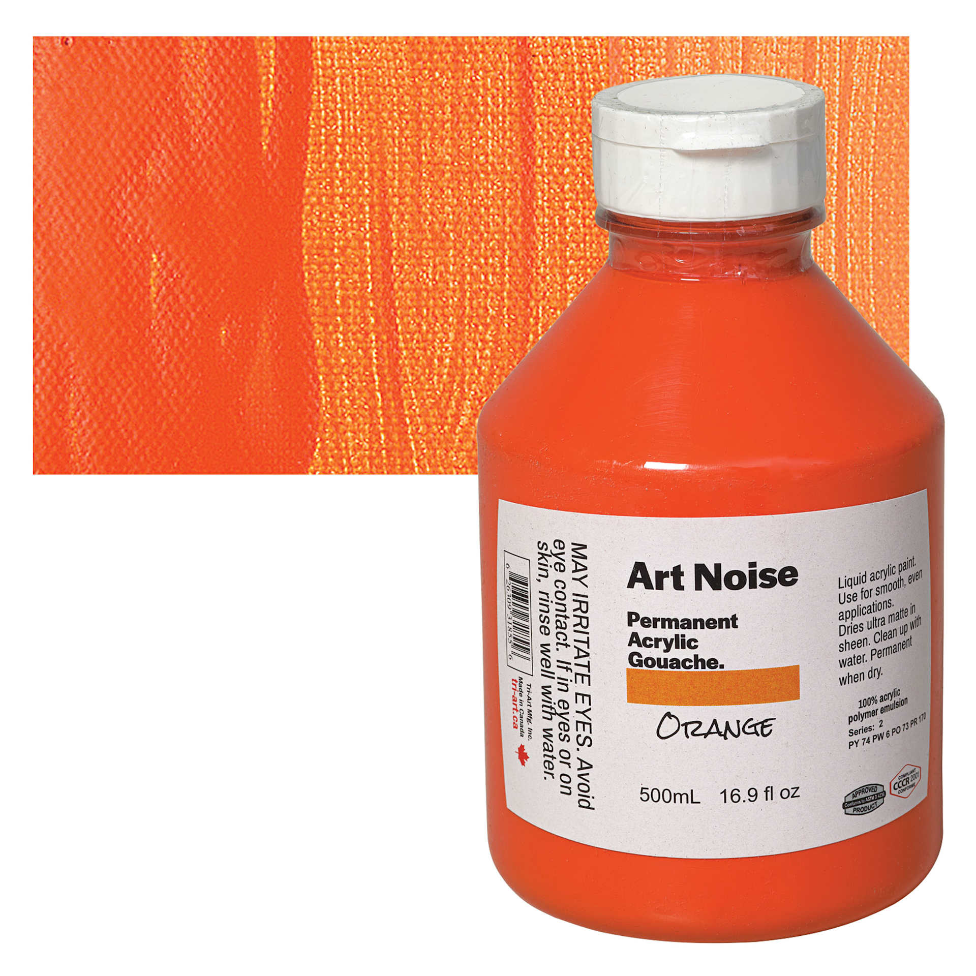Tri-Art Art Noise Permanent Acrylic Gouache - Orange, 500 ml, Bottle and swatch