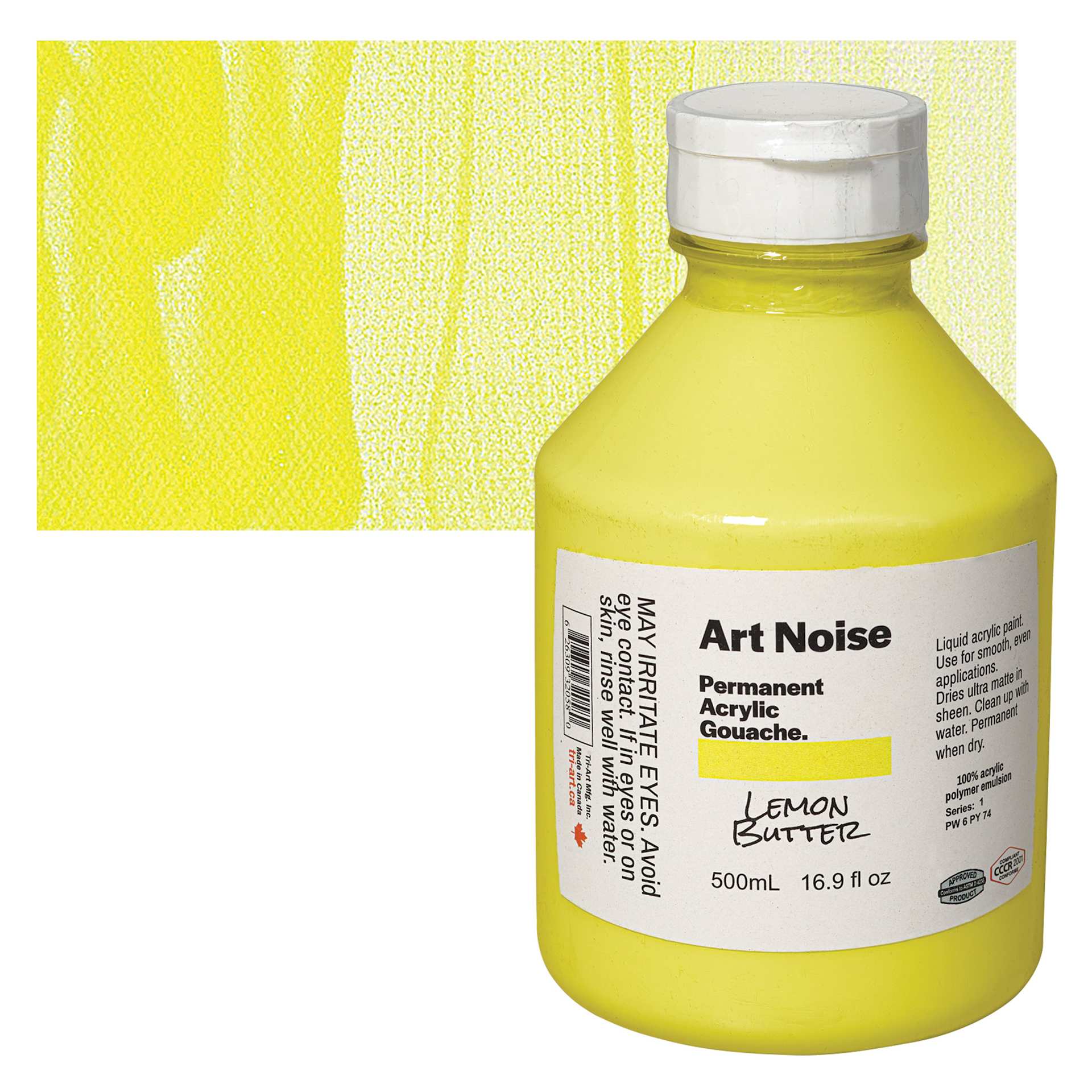 Tri-Art Art Noise Permanent Acrylic Gouache - Lemon Butter, 500 ml, Bottle and swatch