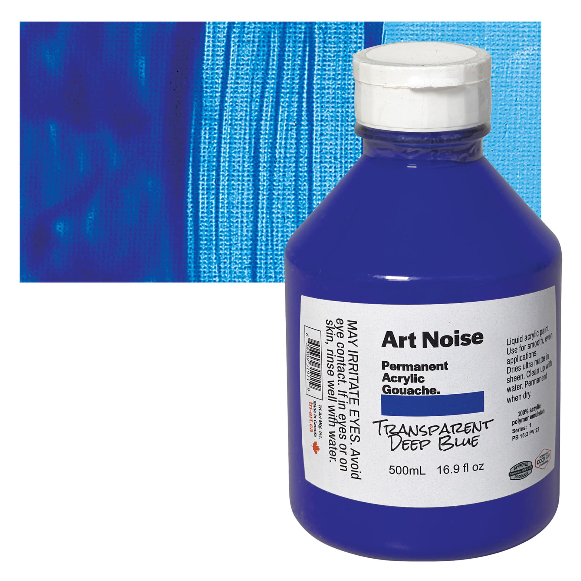 Tri-Art Art Noise Permanent Acrylic Gouache - Transparent Deep Blue, 500 ml, Bottle and swatch