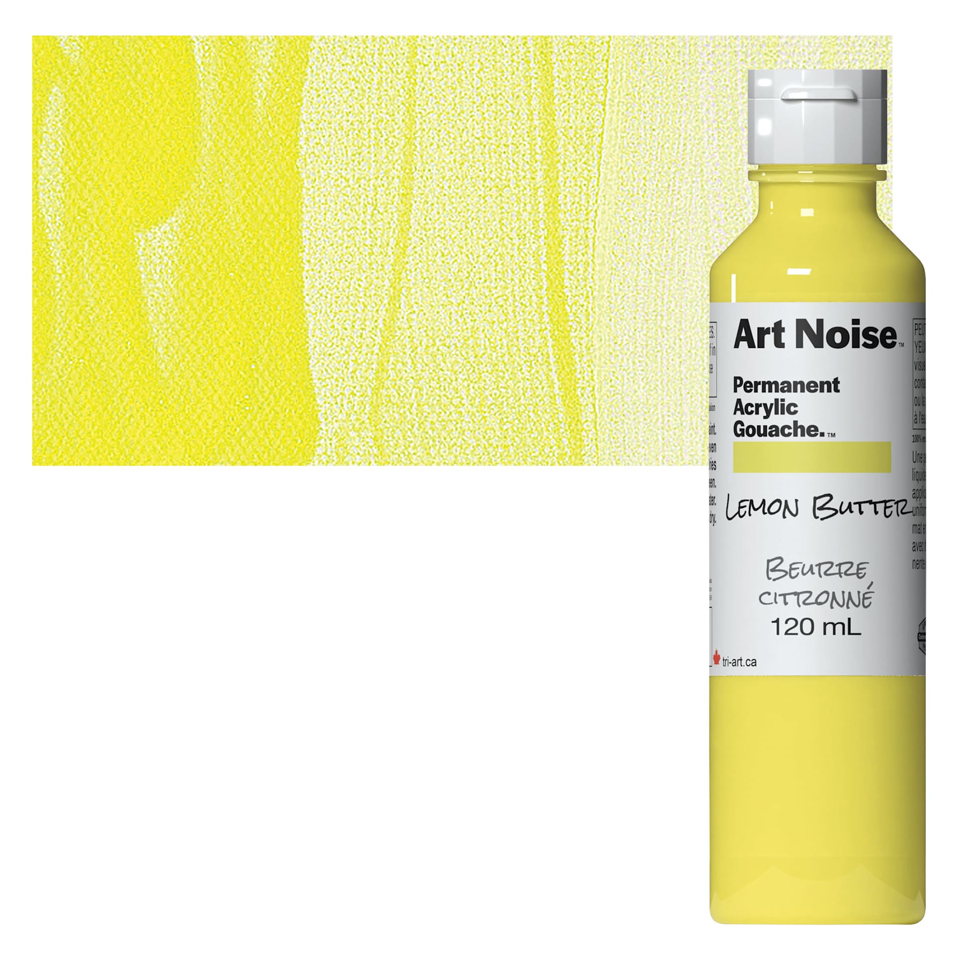 Tri-Art Art Noise Permanent Acrylic Gouache - Lemon Butter, 120 ml, Bottle and swatch