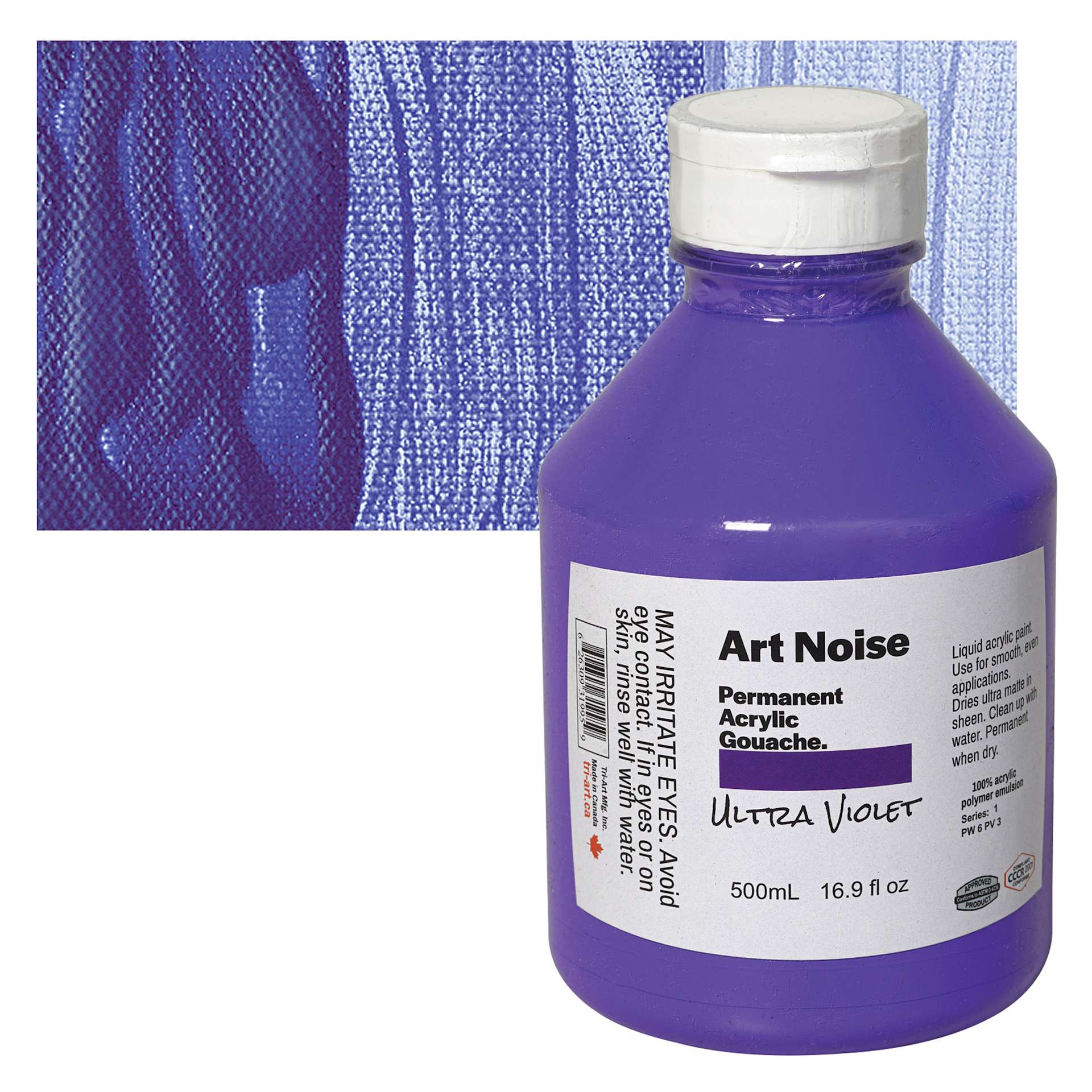 Tri-Art Art Noise Permanent Acrylic Gouache - Ultra Violet, 500 ml, Bottle and swatch