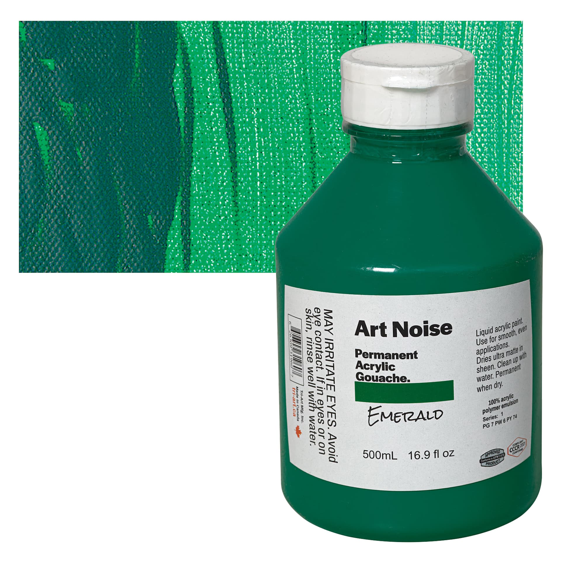 Tri-Art Art Noise Permanent Acrylic Gouache - Emerald, 500 ml, Bottle and swatch