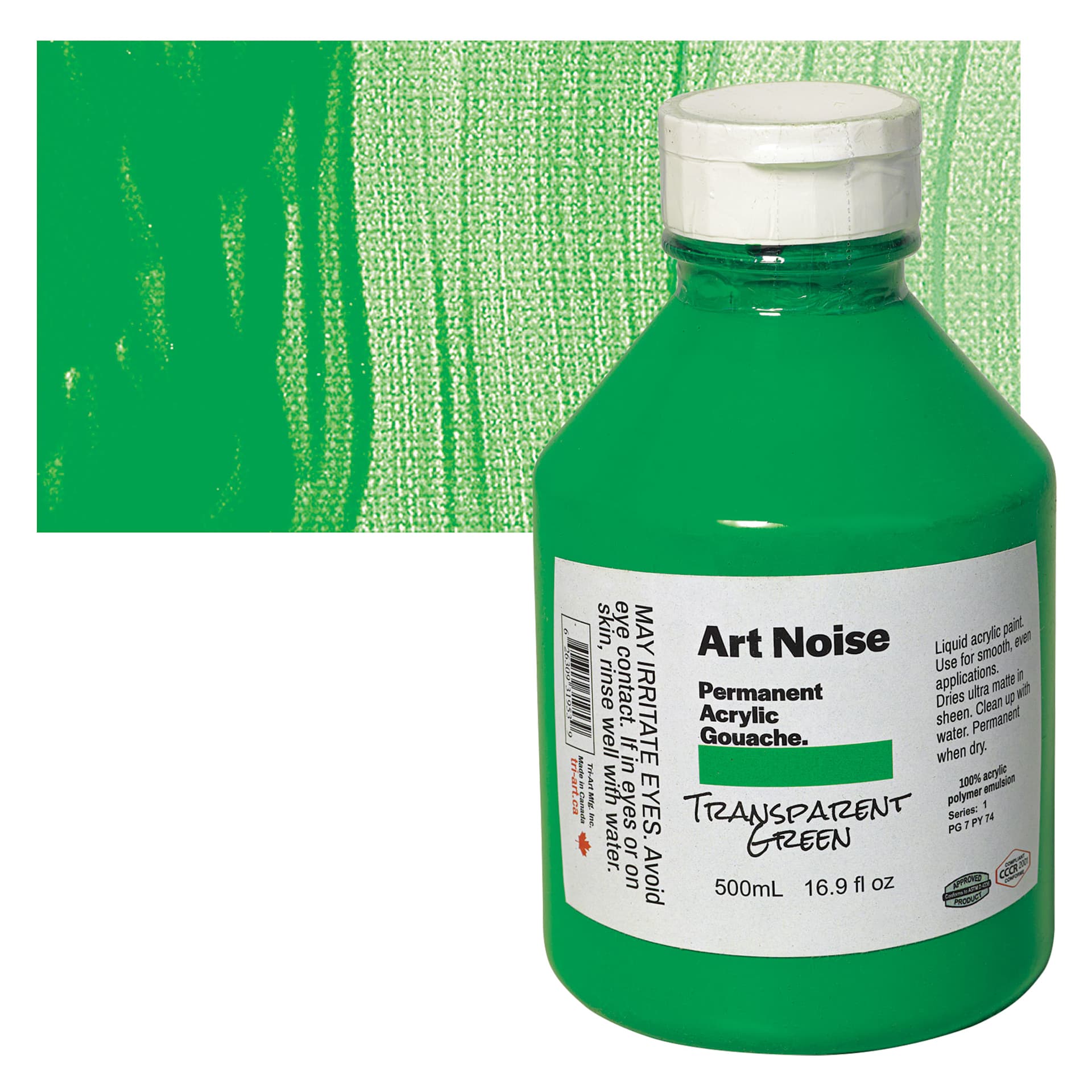 Tri-Art Art Noise Permanent Acrylic Gouache - Transparent Green, 500 ml, Bottle and swatch