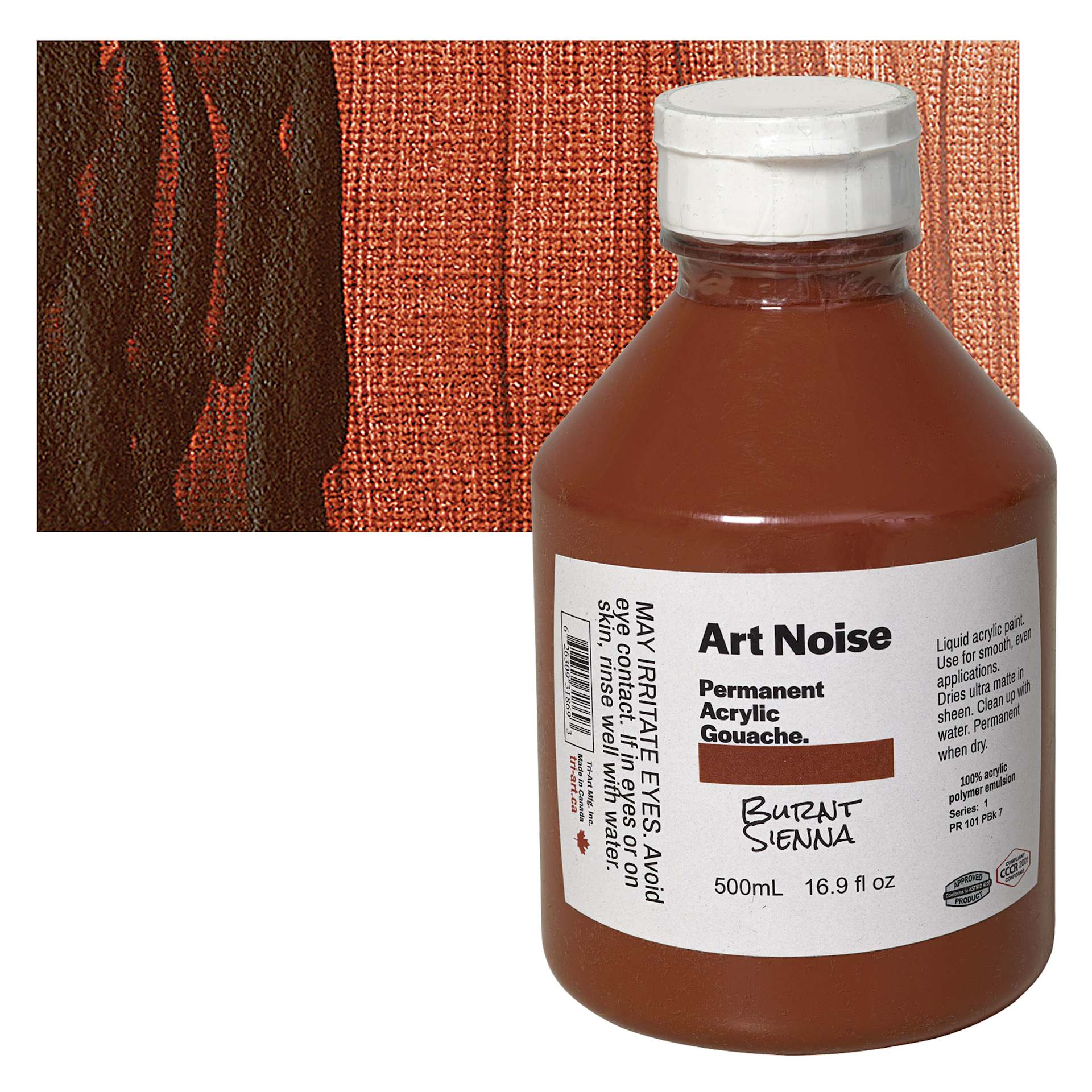 Tri-Art Art Noise Permanent Acrylic Gouache - Burnt Sienna, 500 ml, Bottle and swatch