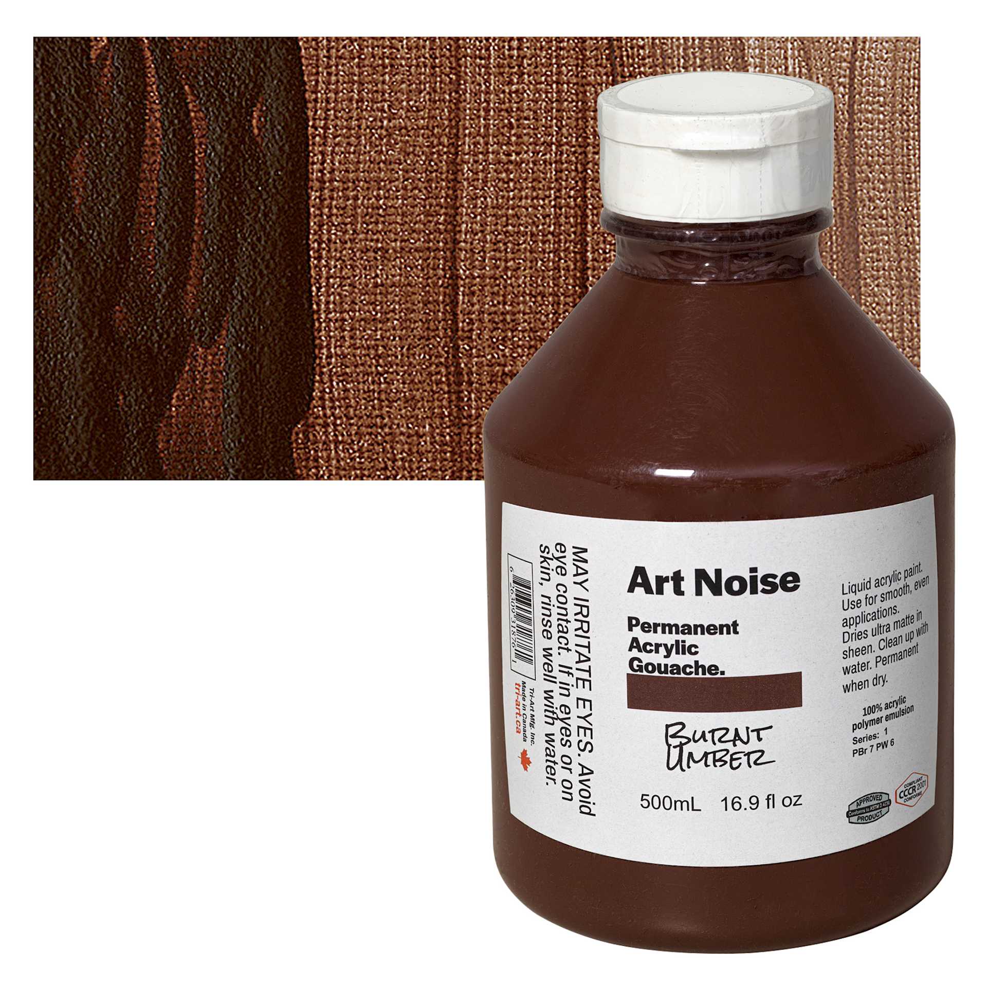 Tri-Art Art Noise Permanent Acrylic Gouache - Burnt Umber, 500 ml, Bottle and swatch