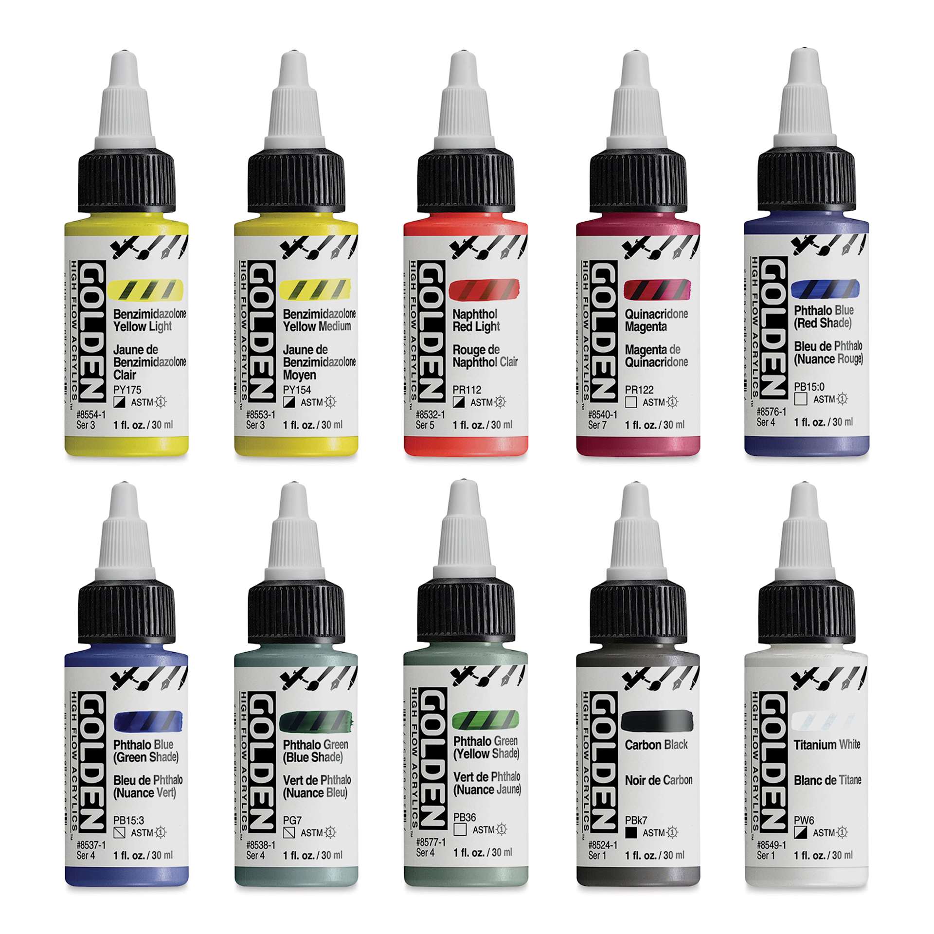 Golden High Flow Acrylics - Mixing Set of 10, 30 ml Bottles (out of packaging)