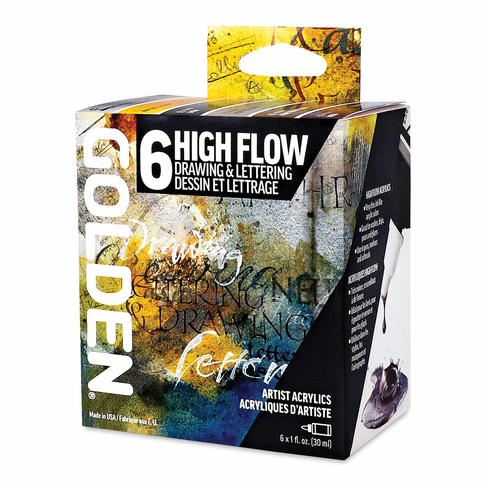 Golden High Flow Acrylics - Drawing and Lettering Set of 6, Assorted Colors, 30 ml Bottles (front of packaging)