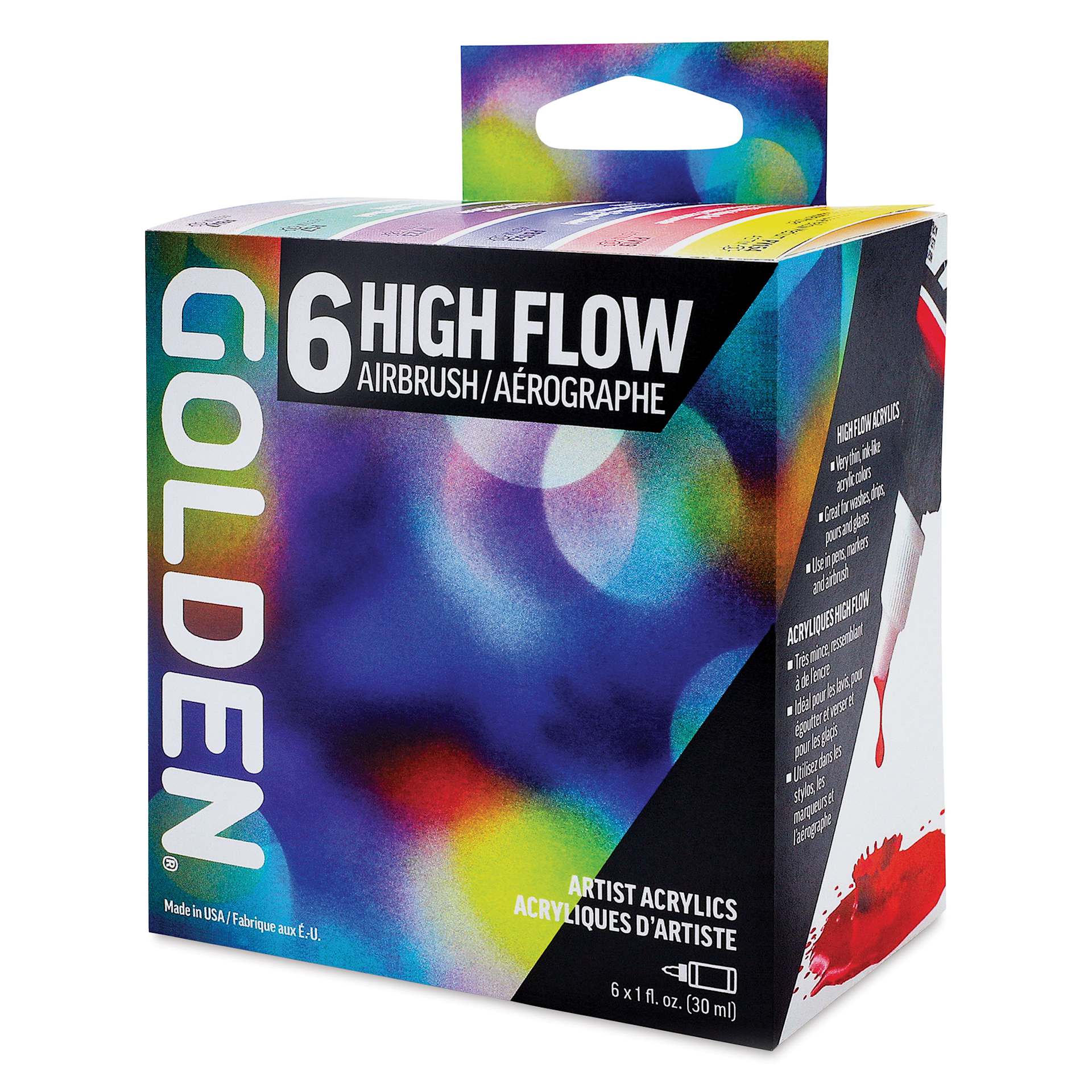 Golden High Flow Acrylics - Airbrush Set of 6, 30 ml Bottles (front of packaging)
