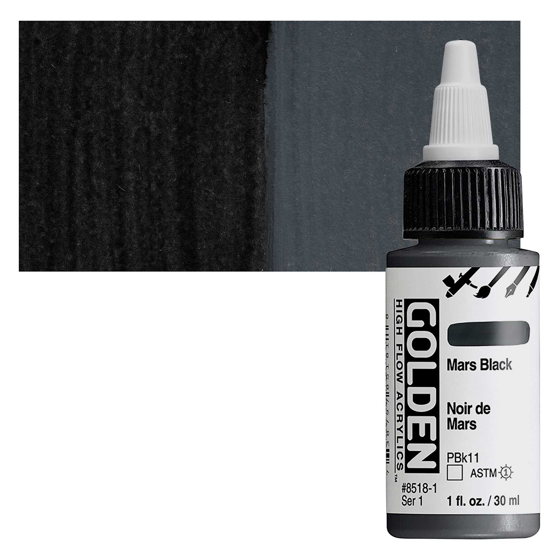 Golden High Flow Acrylic Paint - Mars Black, 1 oz bottle and swatch