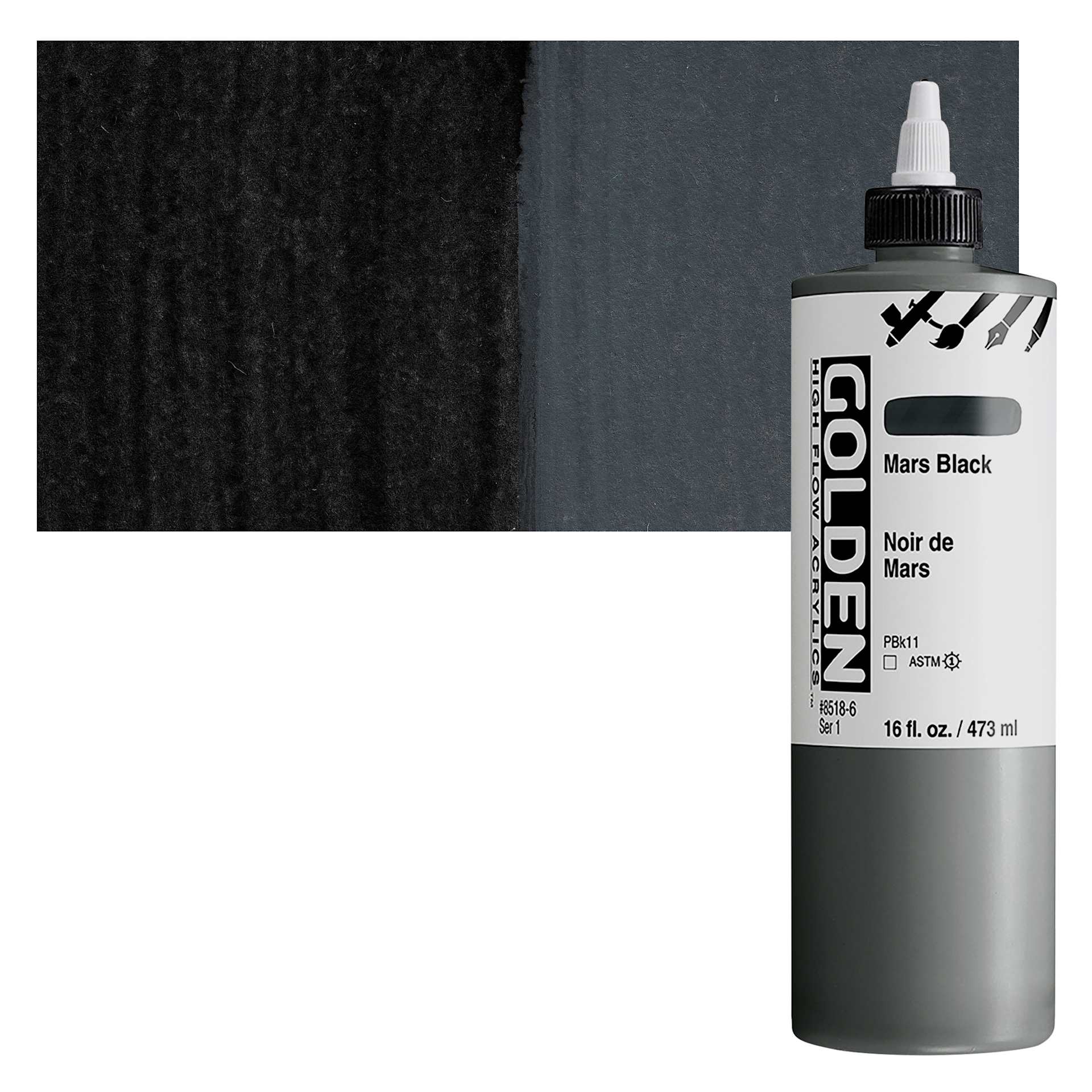 Golden High Flow Acrylic Paint - Mars Black, 16 oz bottle and swatch