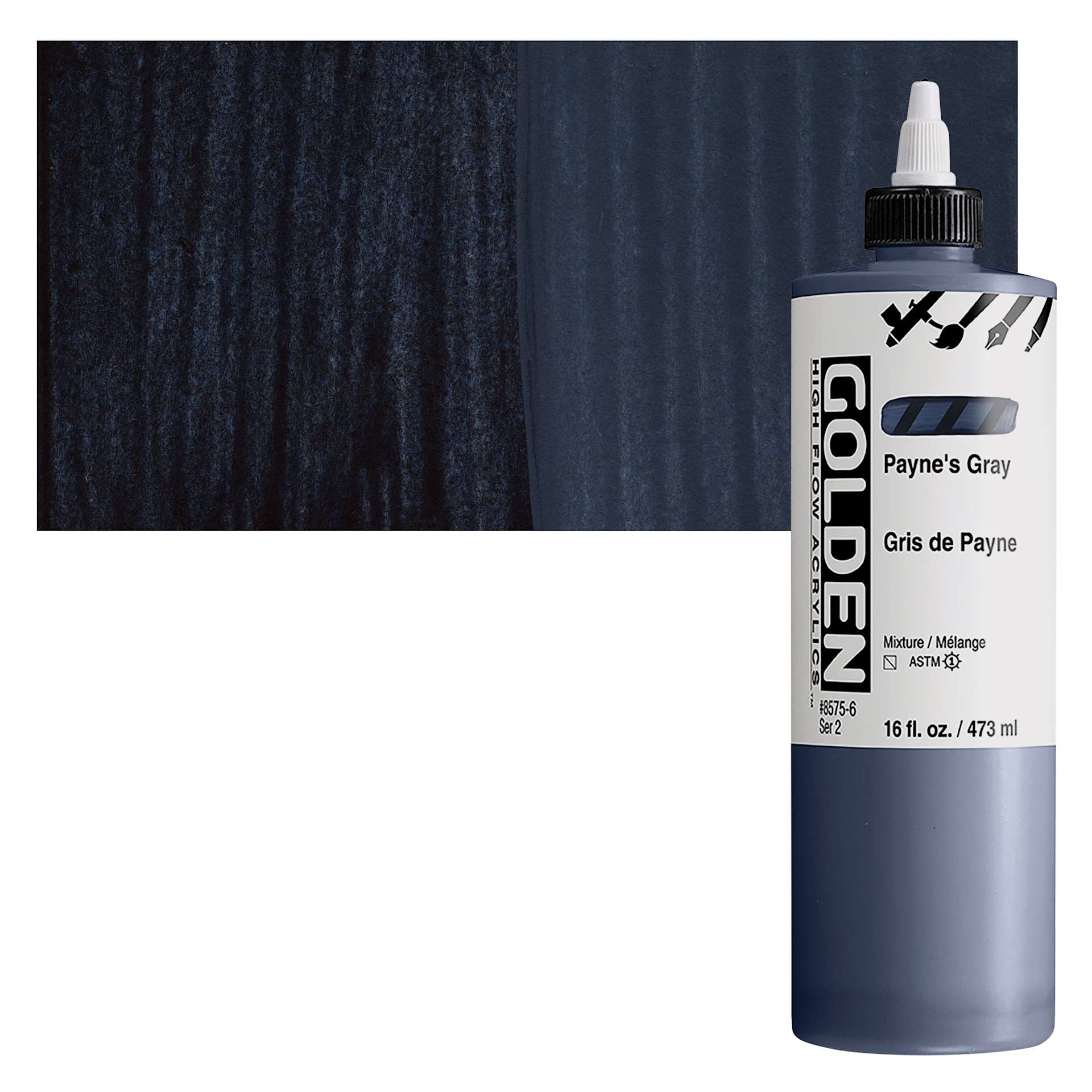 Golden High Flow Acrylic Paint - Payne's Gray, 16 oz bottle and swatch