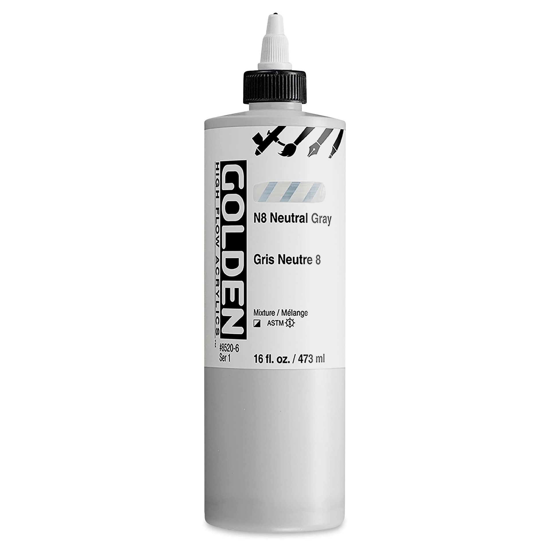 Golden High Flow Acrylics - Neutral Gray N8, 16 oz bottle