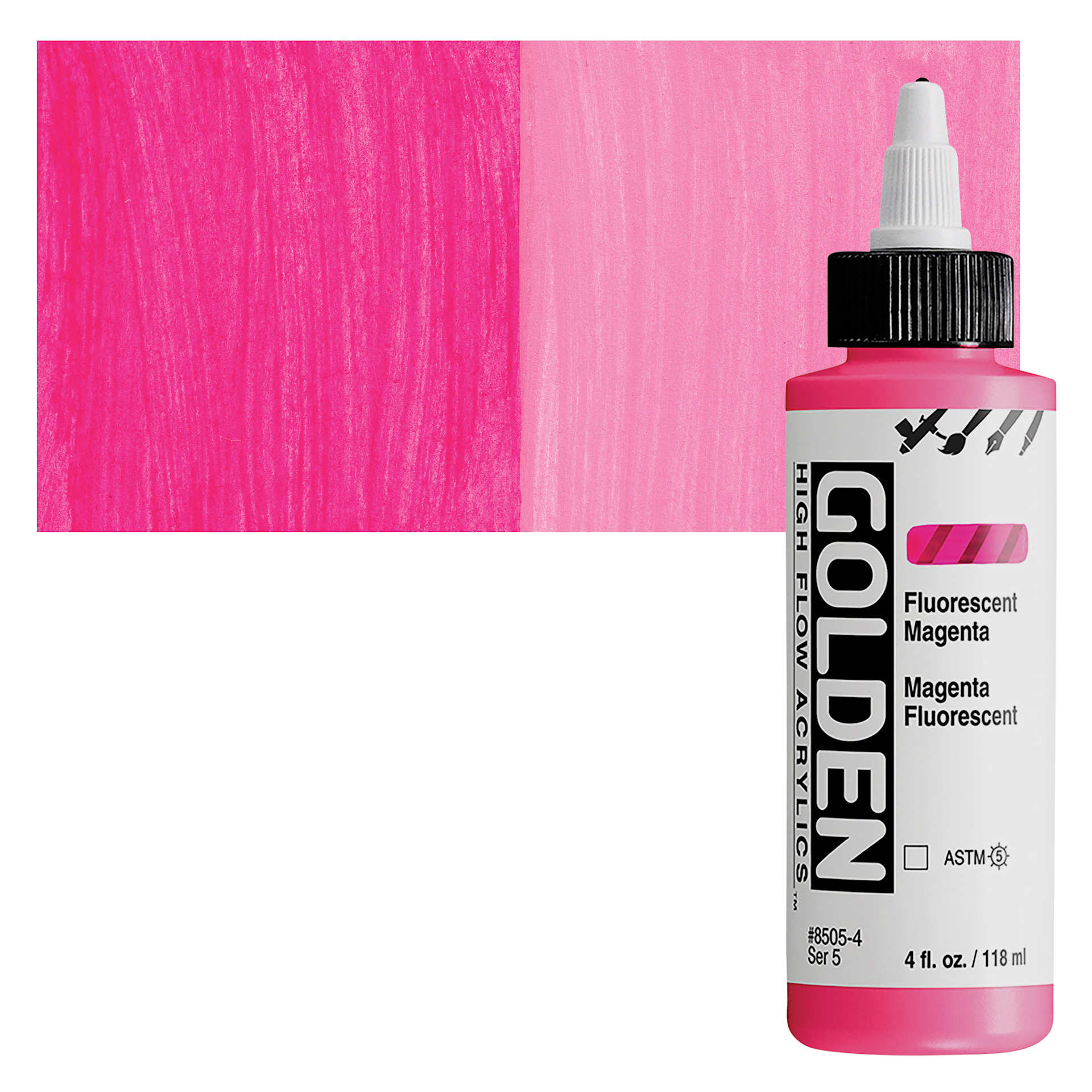 Golden High Flow Acrylic Paint - Fluorescent Magenta, 4 oz bottle and swatch