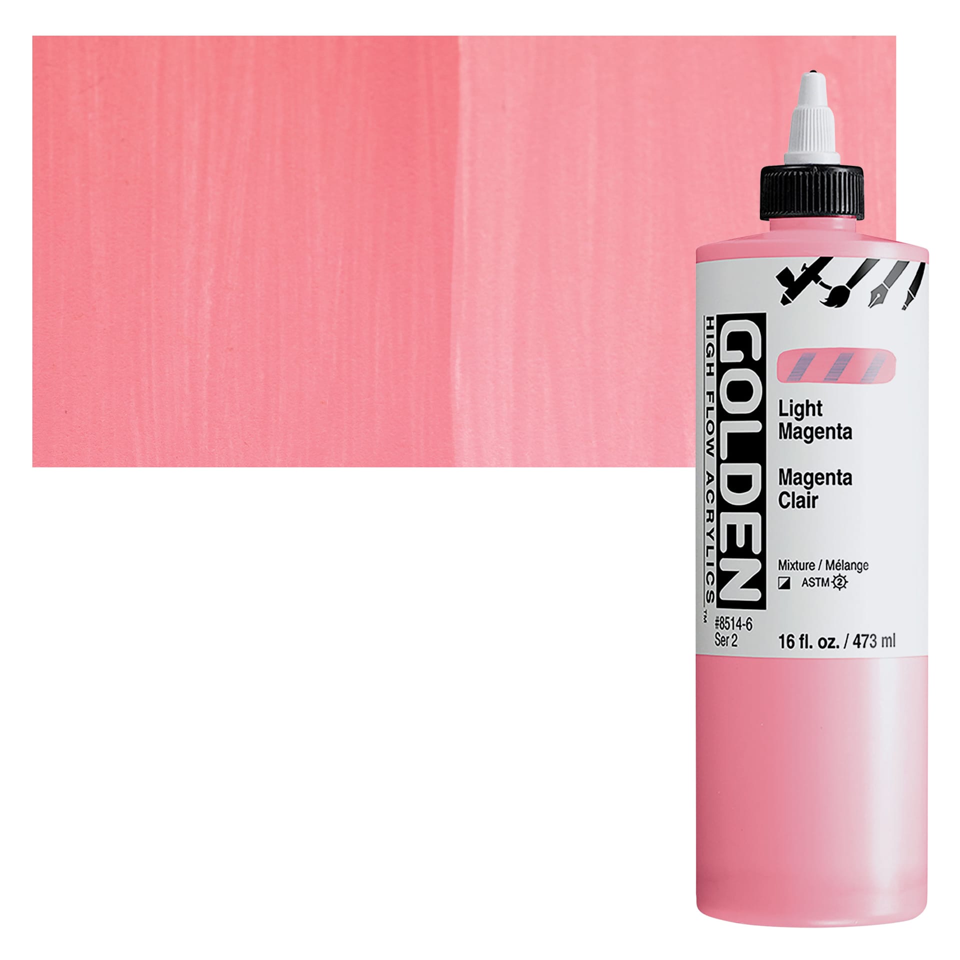 Golden High Flow Acrylic Paint - Light Magenta, 16 oz bottle and swatch