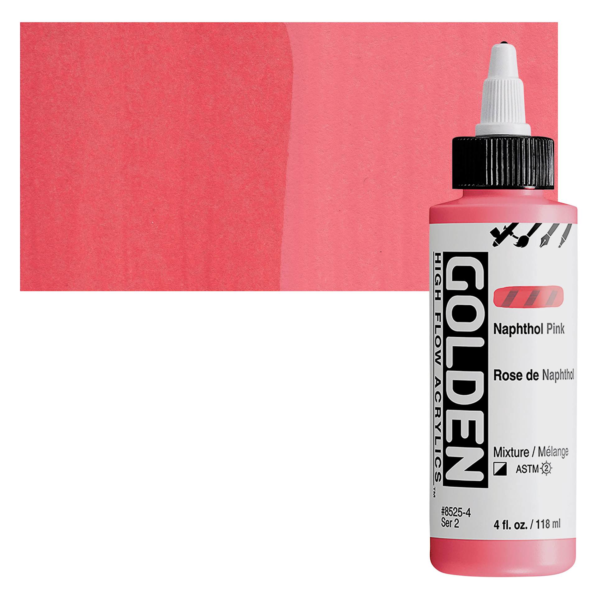 Golden High Flow Acrylic Paint - Naphthol Pink, 4 oz bottle and swatch
