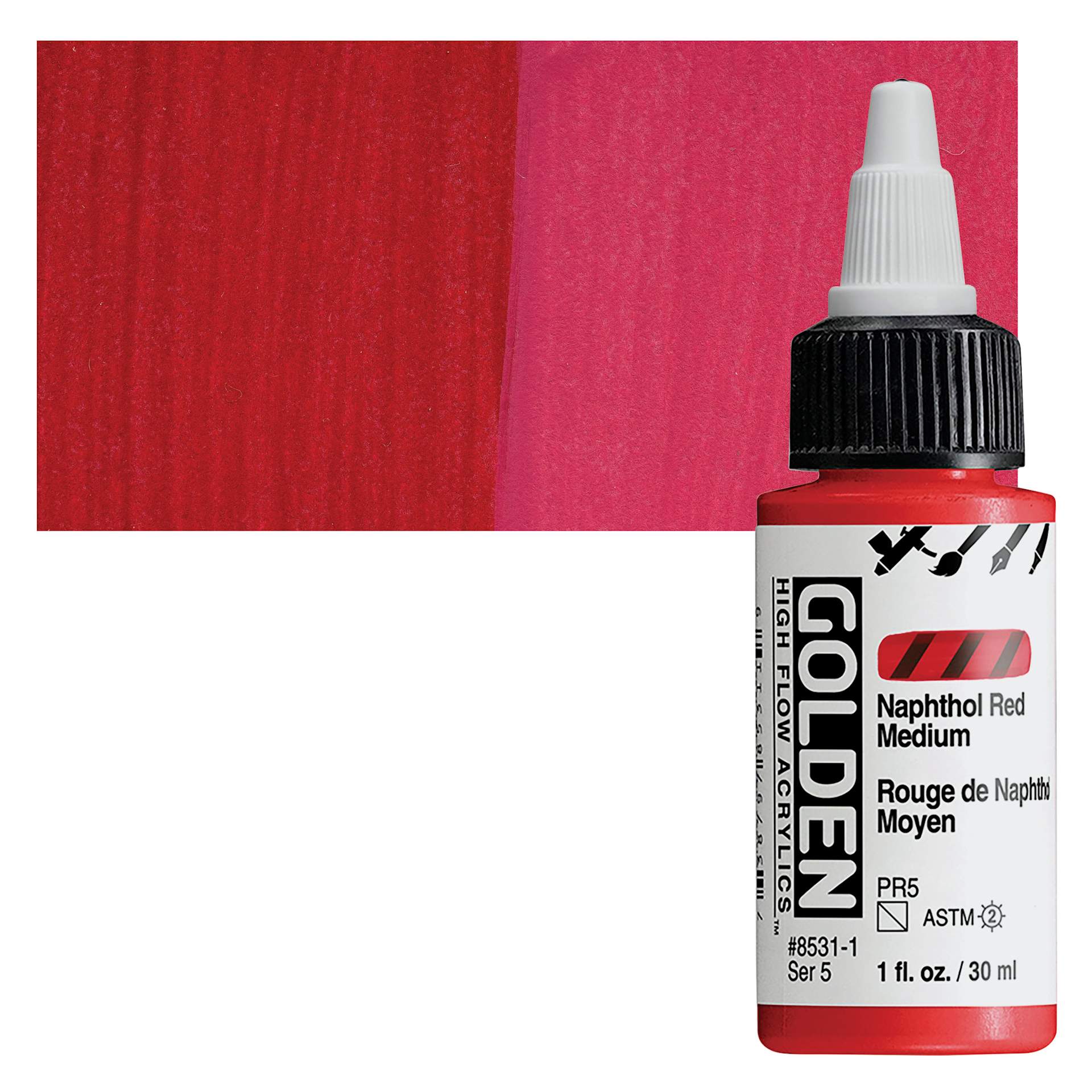 Golden High Flow Acrylic Paint - Naphthol Red Medium, 1 oz bottle and swatch