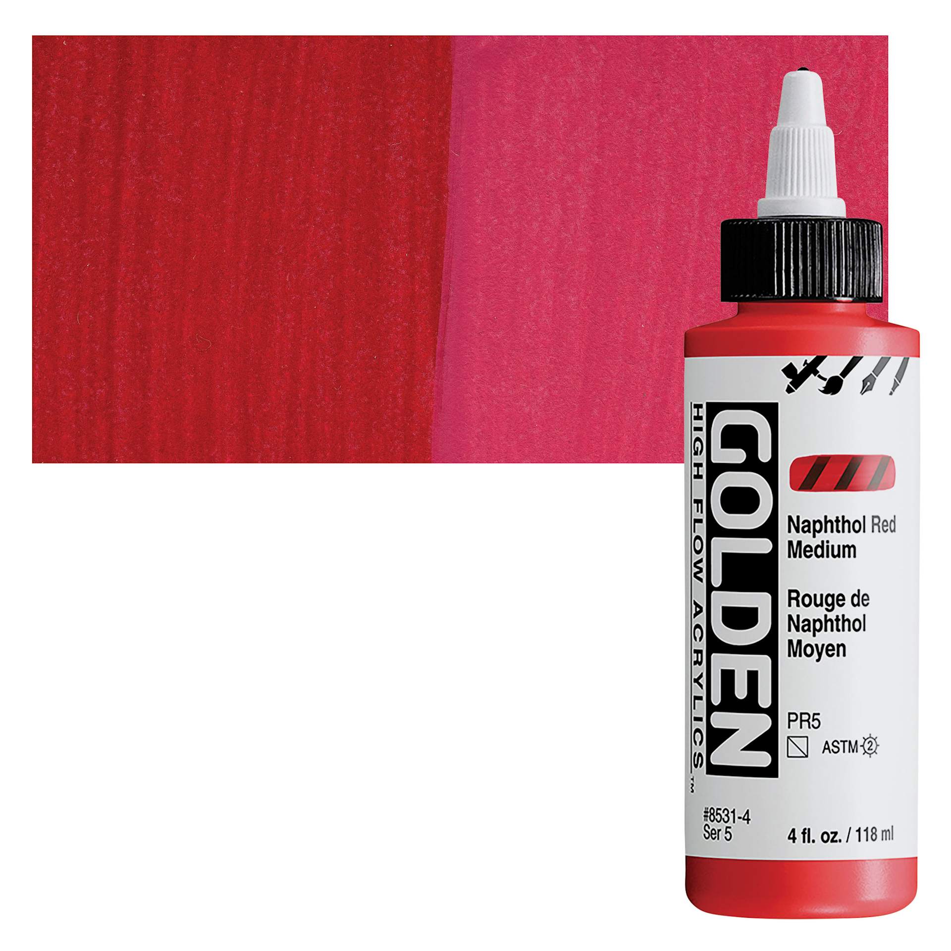 Golden High Flow Acrylic Paint - Naphthol Red Medium, 4 oz bottle and swatch