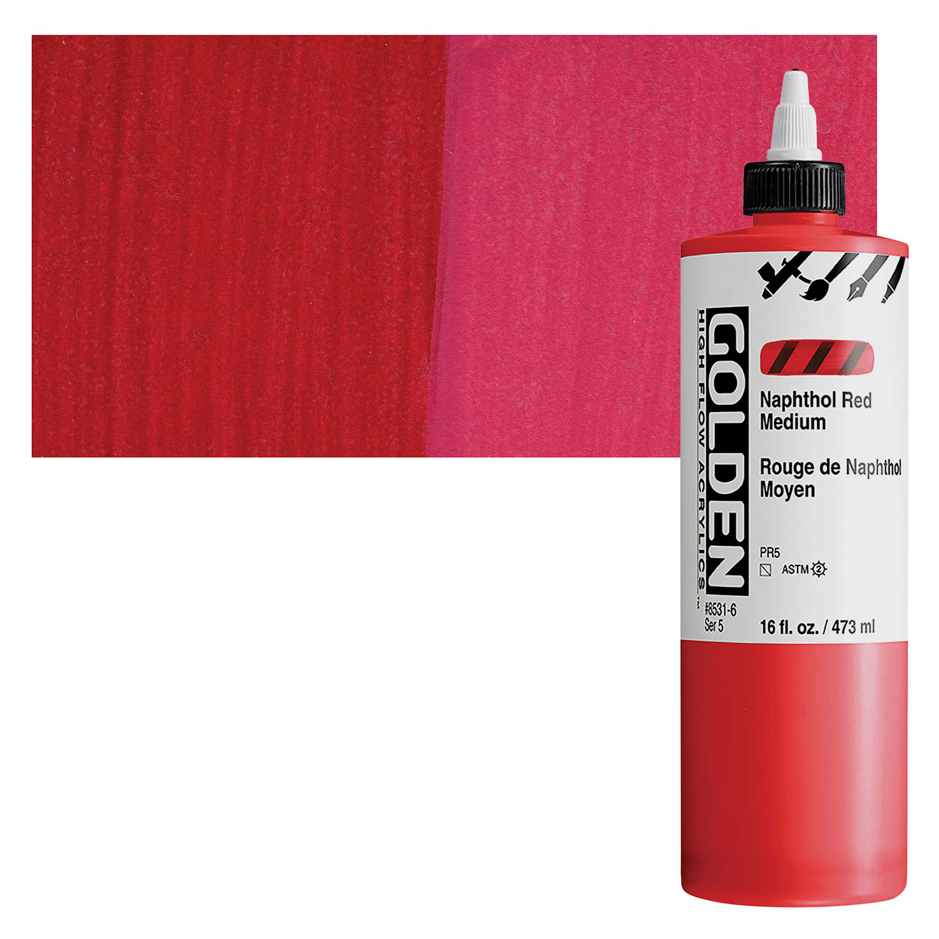 Golden High Flow Acrylic Paint - Naphthol Red Medium, 16 oz bottle and swatch