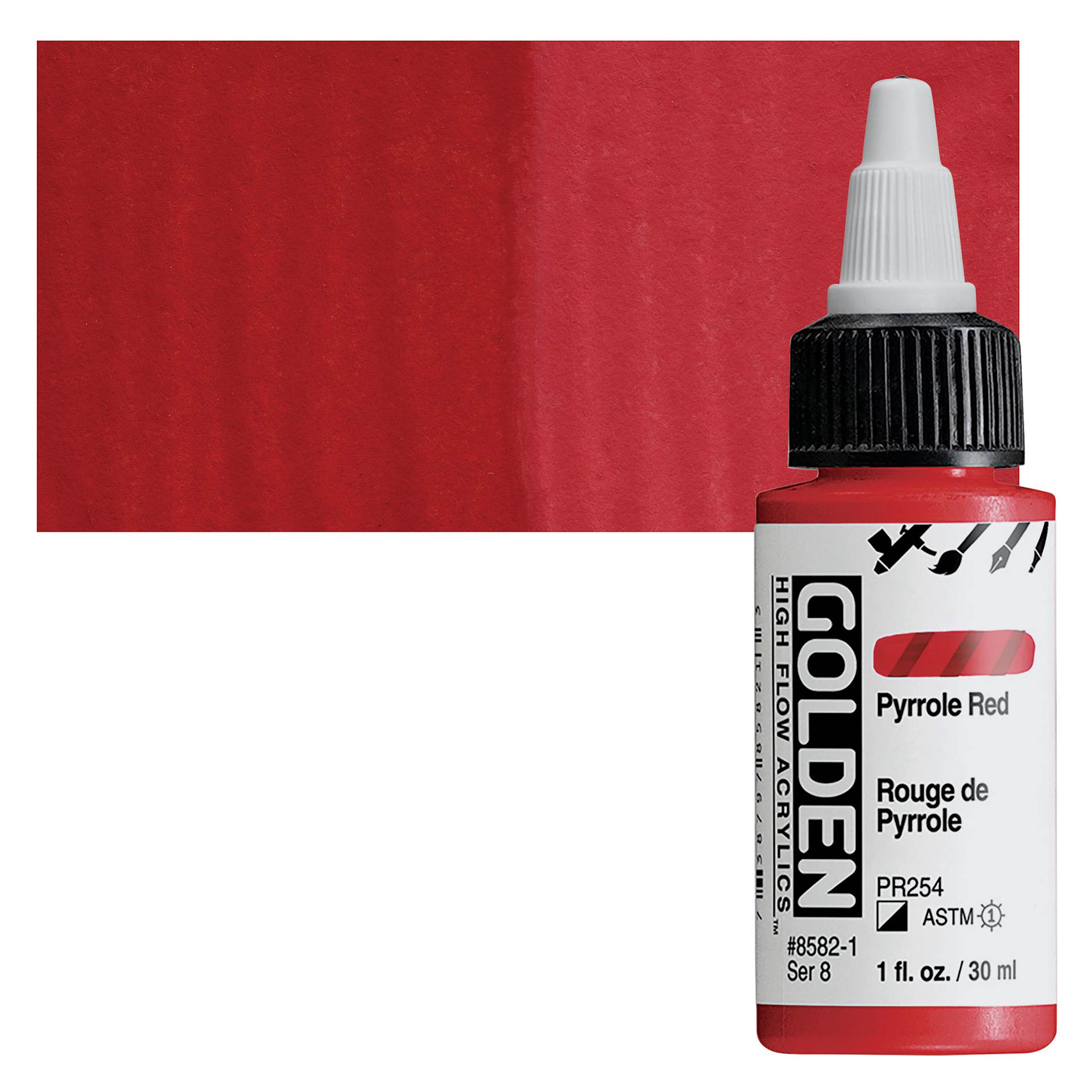 Golden High Flow Acrylic Paint - Pyrrole Red, 1 oz bottle and swatch