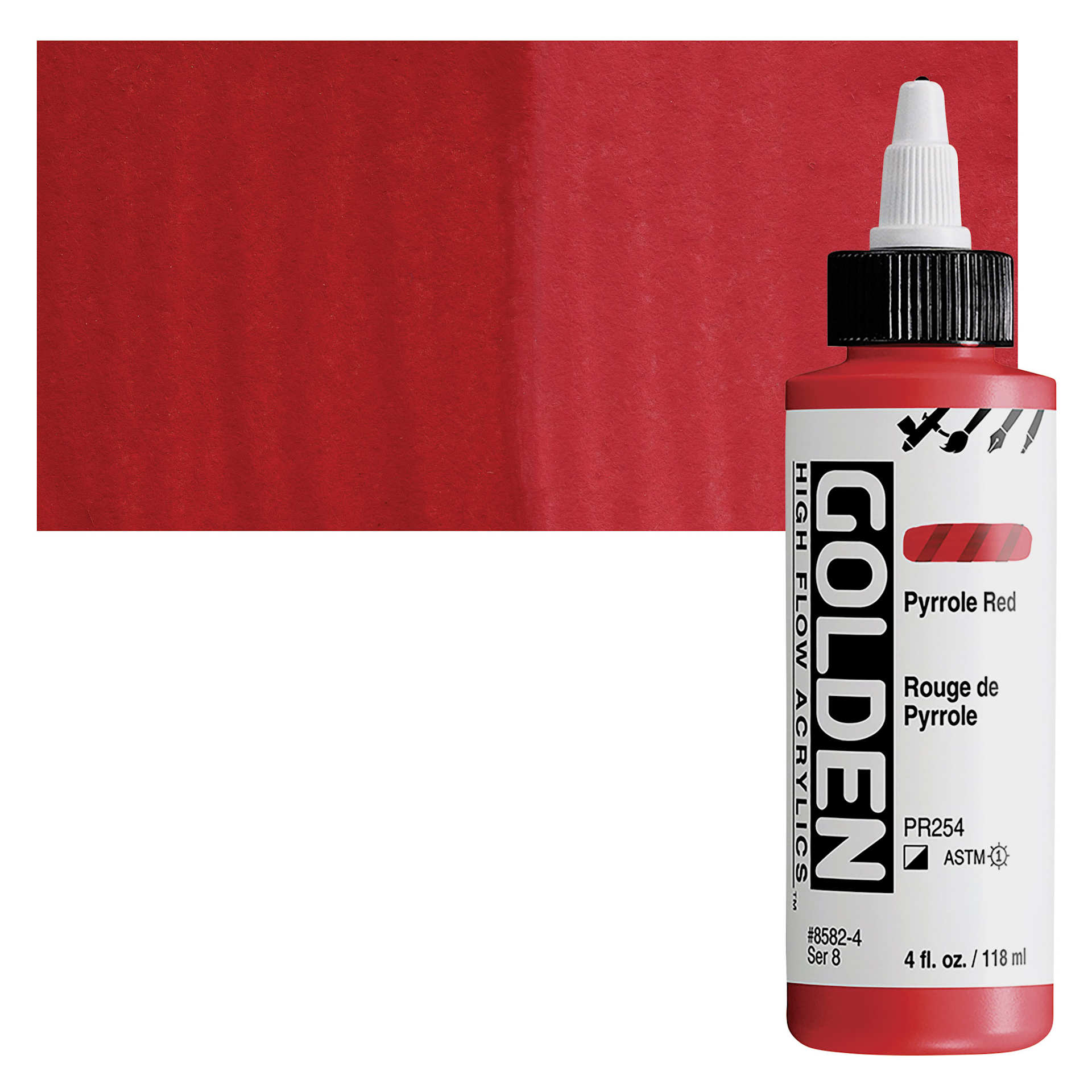 Golden High Flow Acrylic Paint - Pyrrole Red, 4 oz bottle and swatch